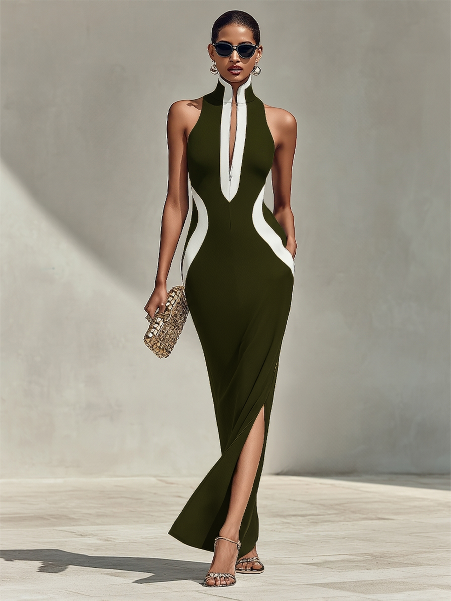 Women's Navy & White Form-Fitting Gown With Front Zipper Detail & Side Slit, Effortless Elegant Formal Dress MDZ1519D1LYL