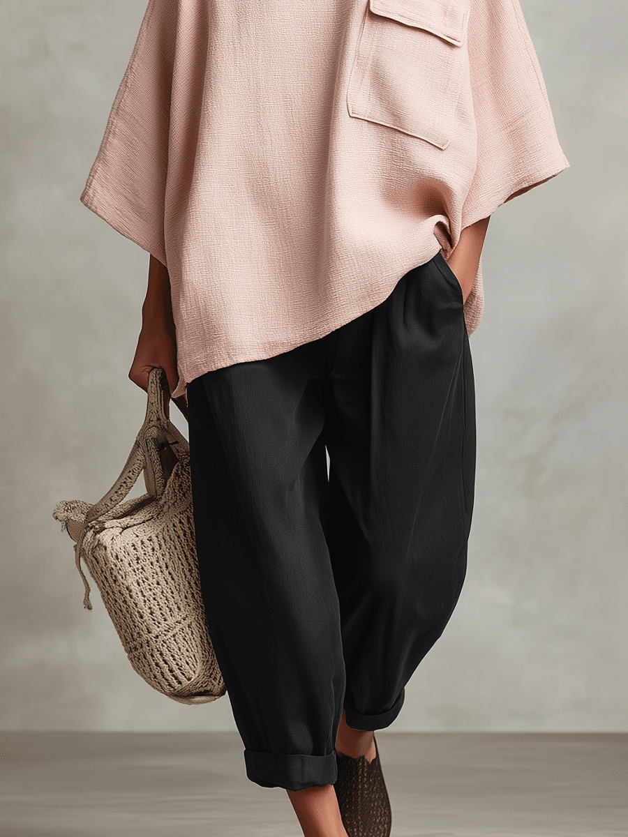 Women's Dusty Pink Woven Poncho Top with Cowl Neck & Patch Pocket, Modern Effortless-Chic Pullover
