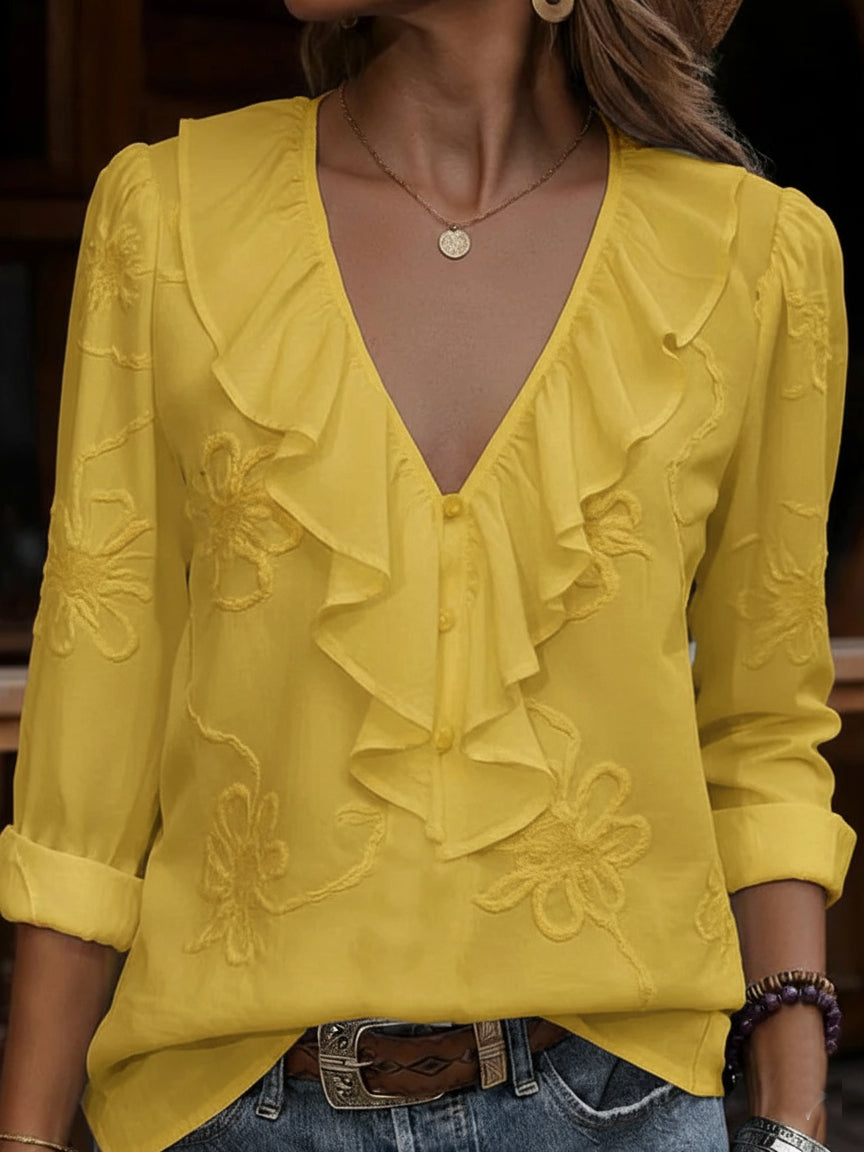 OLIVIA | VINTAGE FLORAL EMBROIDERED FRILL V-NECK SHIRT