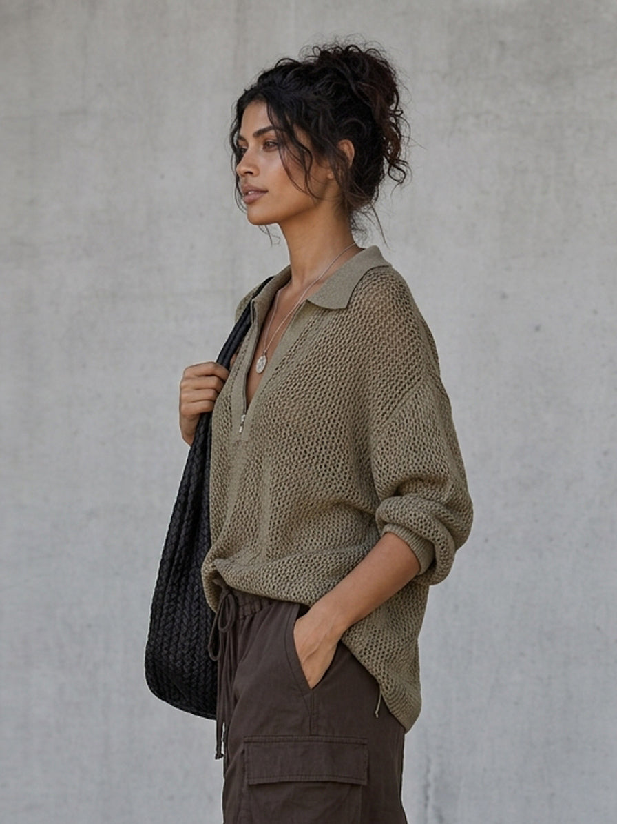 Women's Minimalist Pointelle Half-Zip Long-Sleeve Sweater