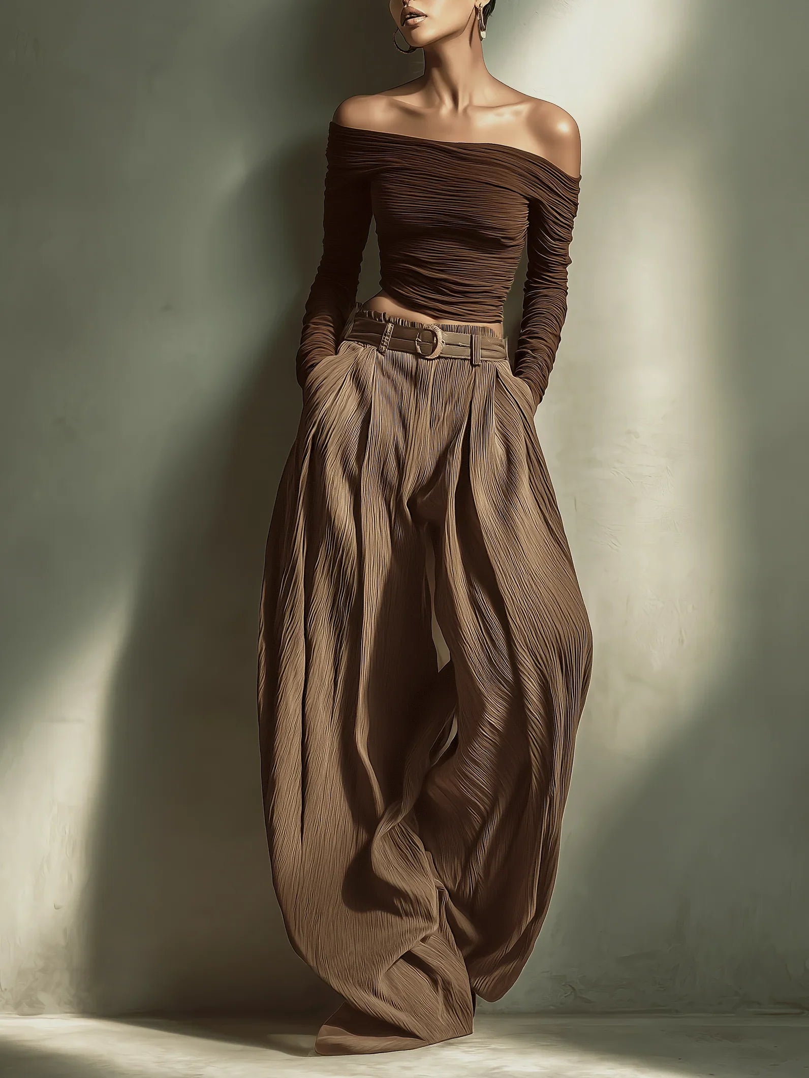 Women's Fashionable And Sexy Dark Brown Wide-leg Trousers (belt Not Included) MDA2974K4AN