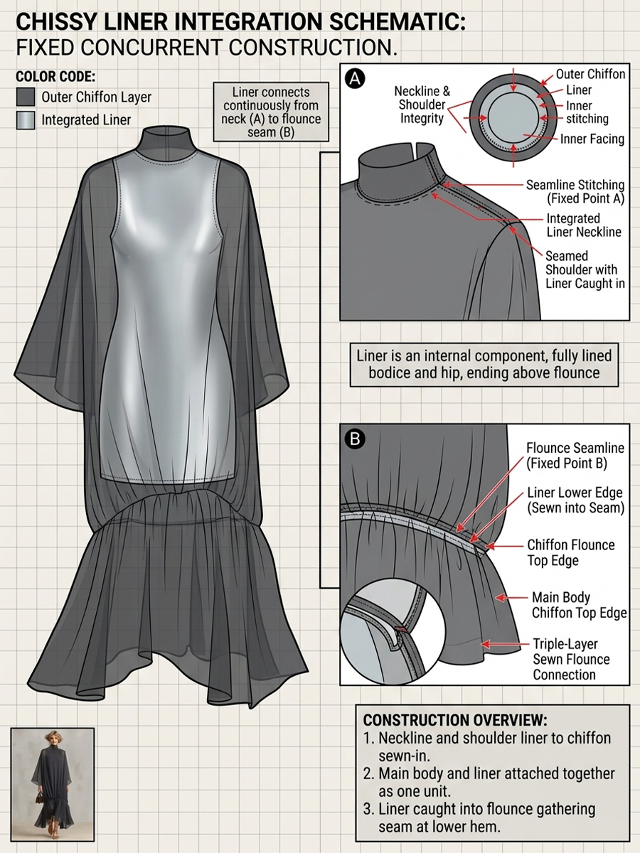 Women's Dark Gray Sheer Chiffon Maxi Dress With Turtleneck Cape Batwing Sleeves & Ruched Ruffle Hem, Minimalist Elegant Oversized Flowy Maxi Dress