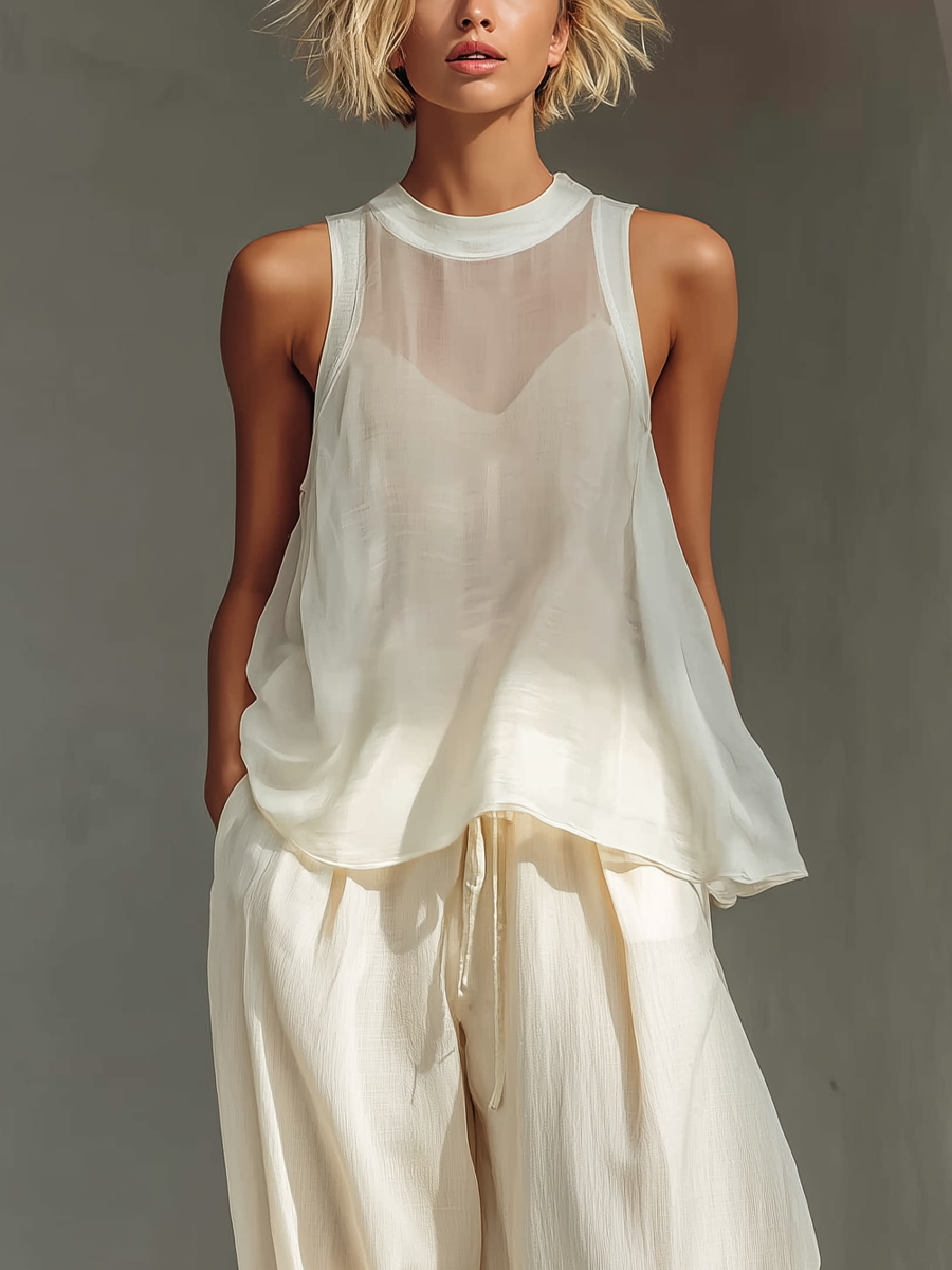 Women’s Cream Sheer Sleeveless High Neck Oversized Flowy Cami Top
