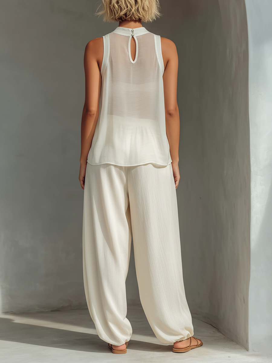 Women’s Cream Sheer Sleeveless High Neck Oversized Flowy Cami Top