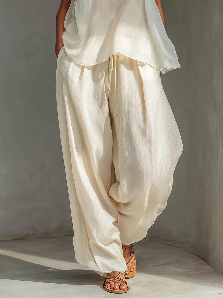 Women's Cream-Hued Tencel-Blend High-Waisted Wide-Leg Pants with Drawstring and Pockets MDZ3047C2T