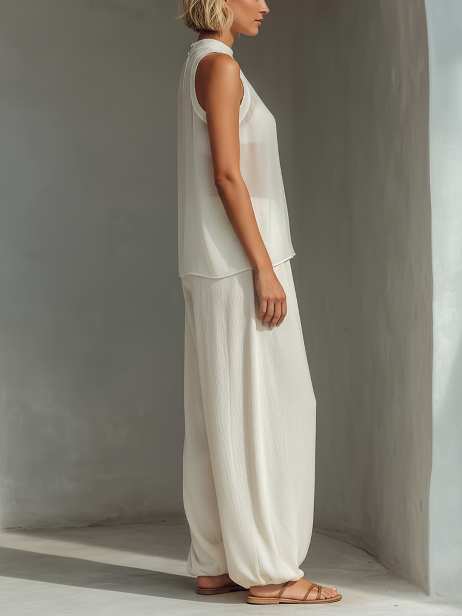 Women's Cream-Hued Tencel-Blend High-Waisted Wide-Leg Pants with Drawstring and Pockets MDZ3047C2T