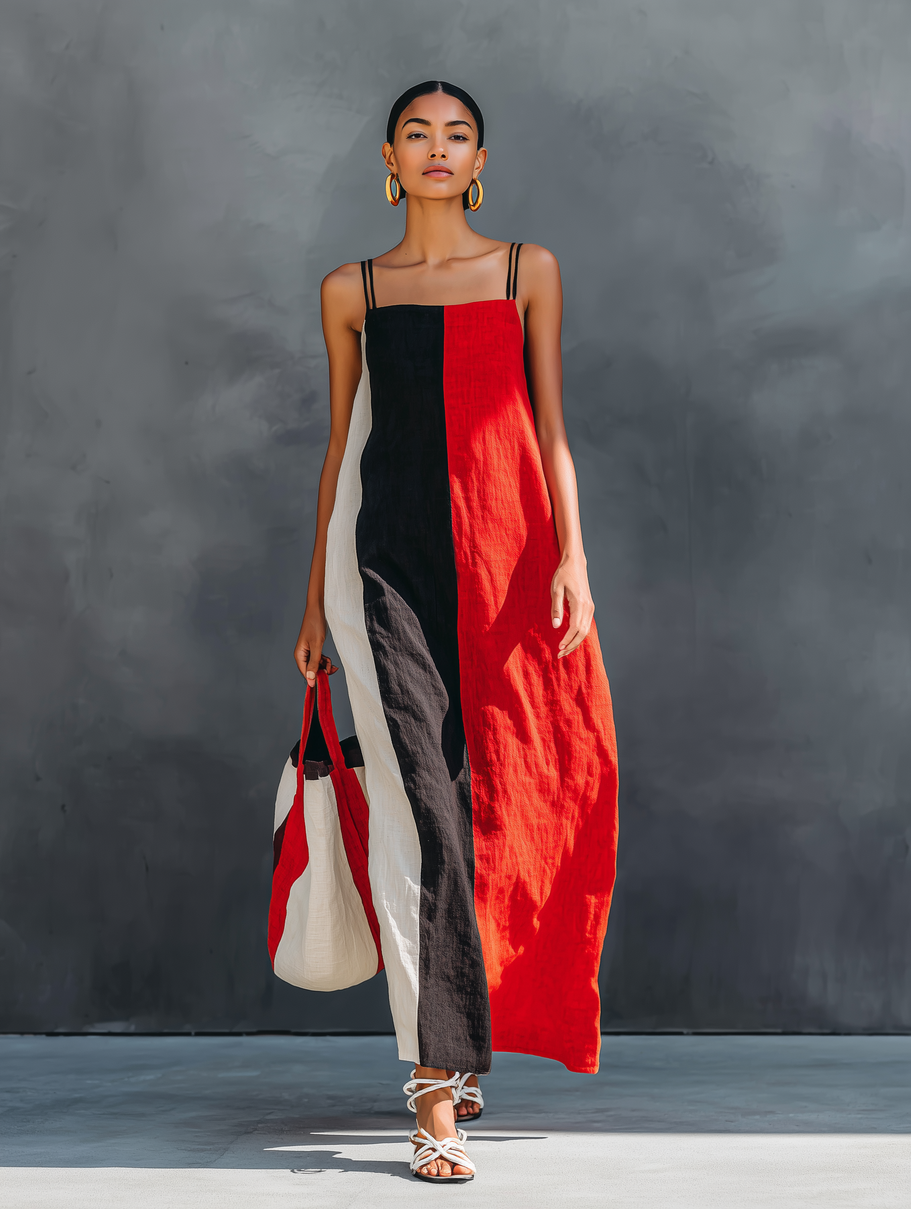Women's Minimalist Color-Block Linen-Blend Maxi Dress With Square Neck And Spaghetti Straps