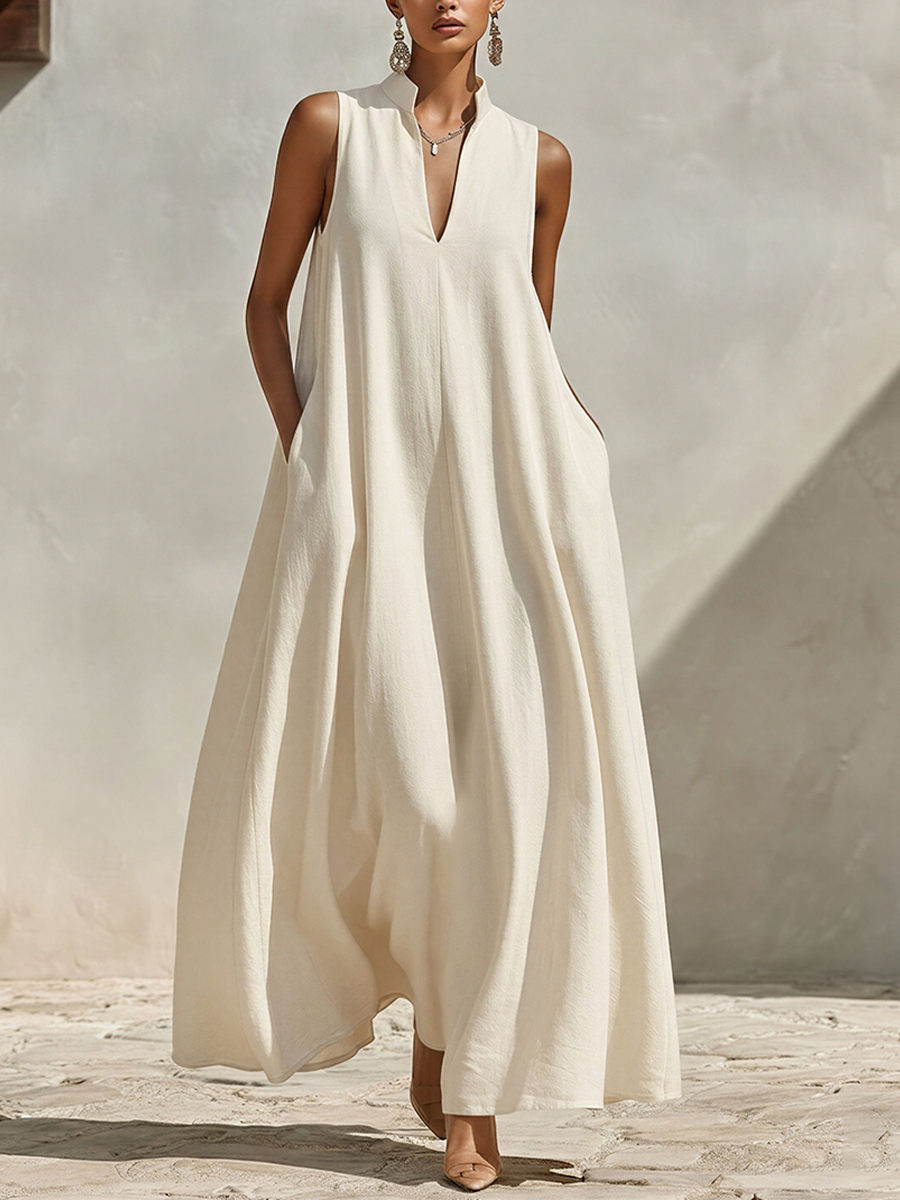Women's Cream Linen-Blend Sleeveless Maxi Dress With Stand Collar & V-Neck, Timeless Minimalist Summer Dress