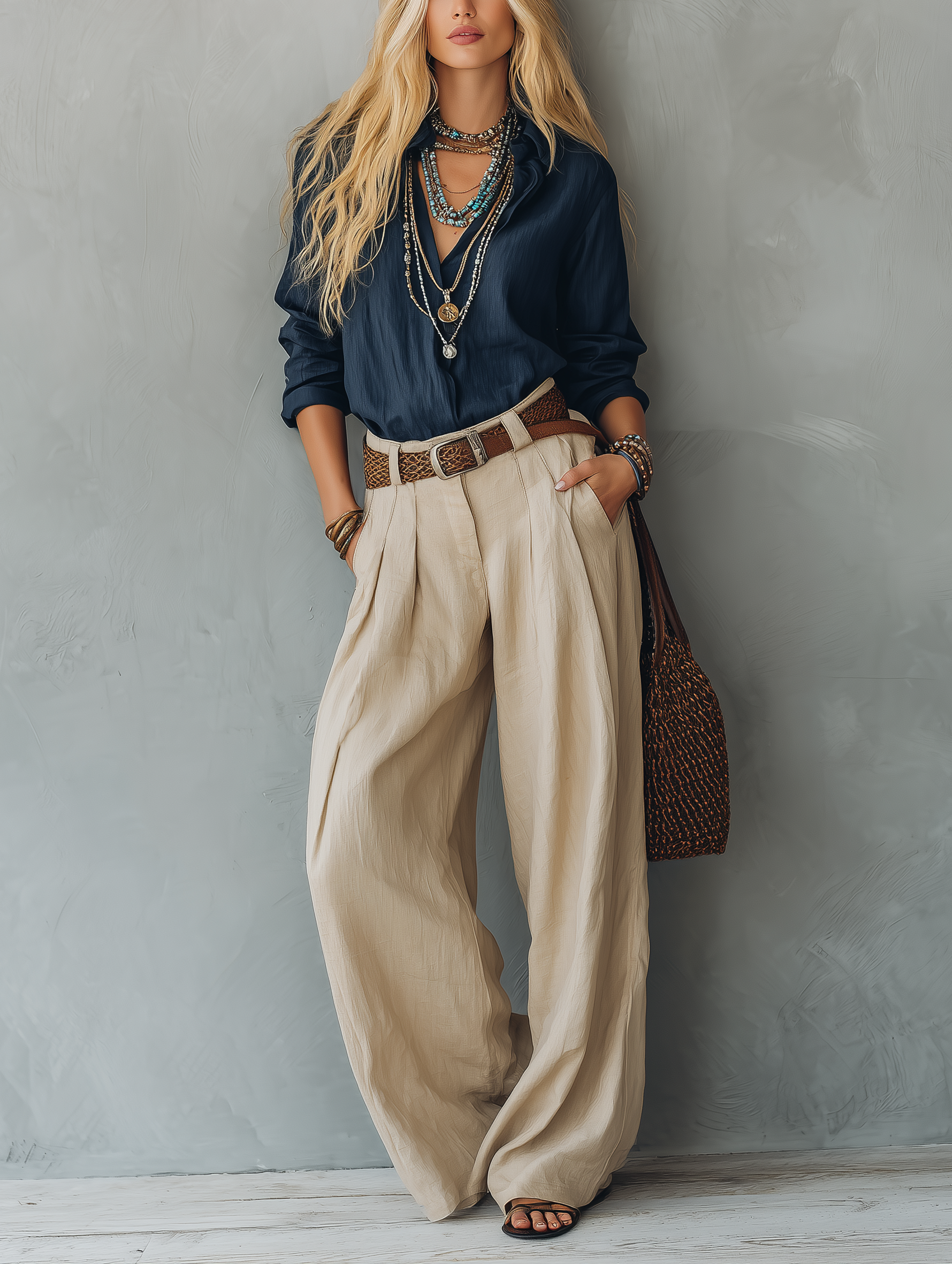 Women's Casual Khaki Cotton-Linen Trousers (Belt Not Included)  MDZ2693E6LXY