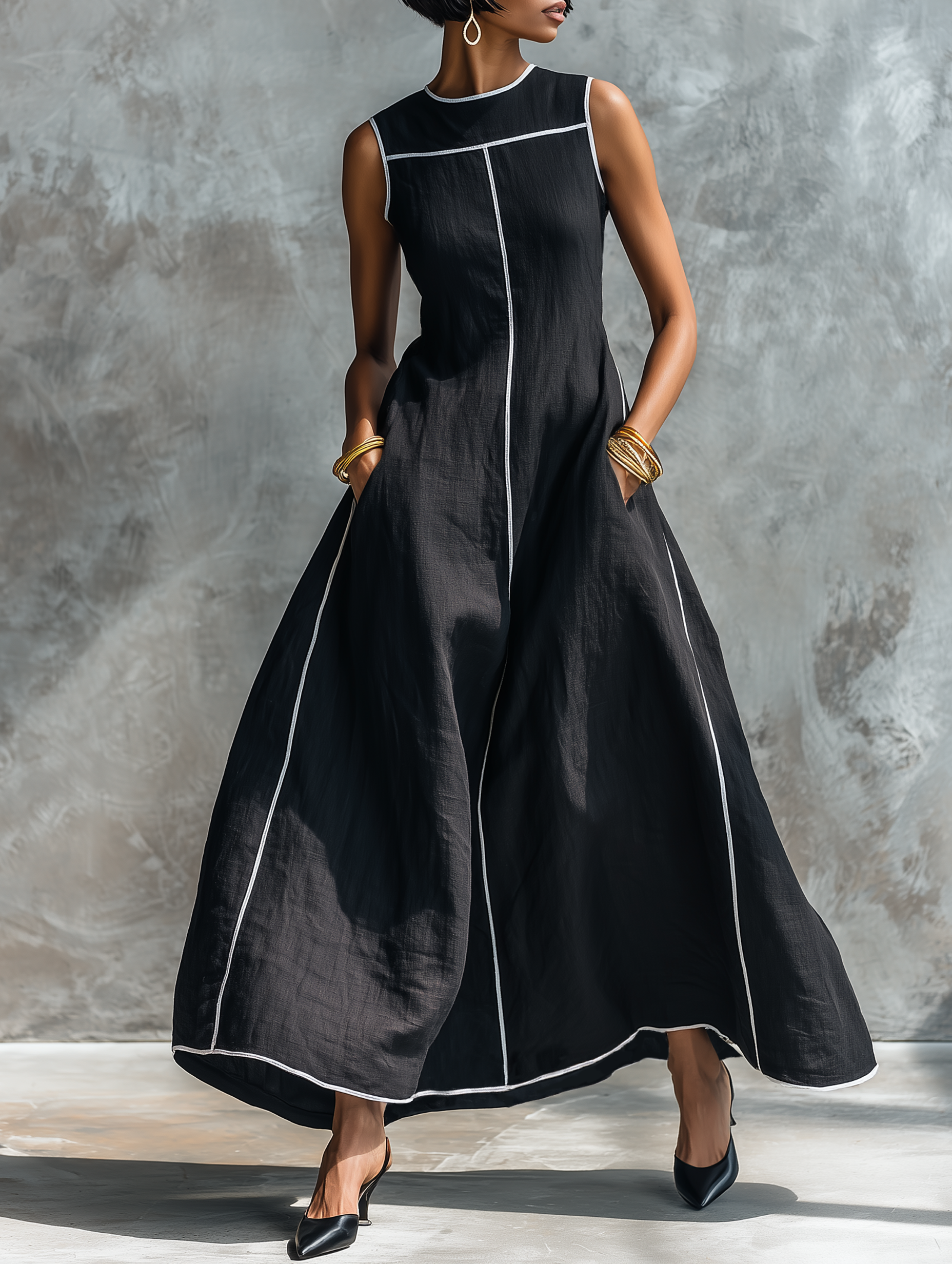 Women's Minimalist Linen-Blend Maxi Dress With Contrast Trim, Round Neck, And Sleeveless Design