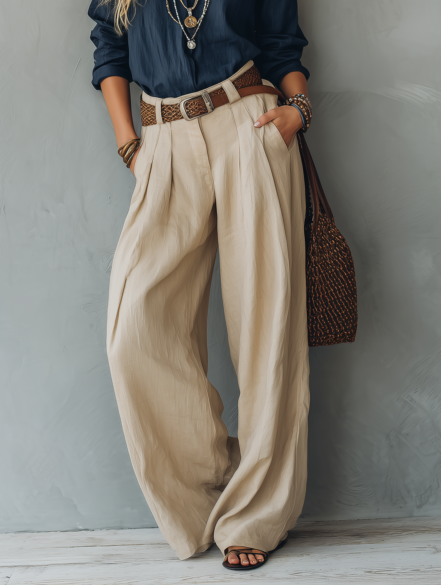 Women's Casual Khaki Cotton-Linen Trousers (Belt Not Included)  MDZ2693E6LXY