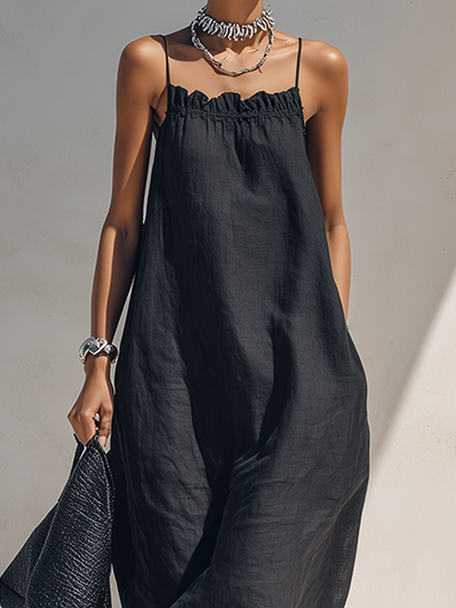 Women's Minimalist Solid Black Ruffle-Neck Maxi Dress With Spaghetti Straps