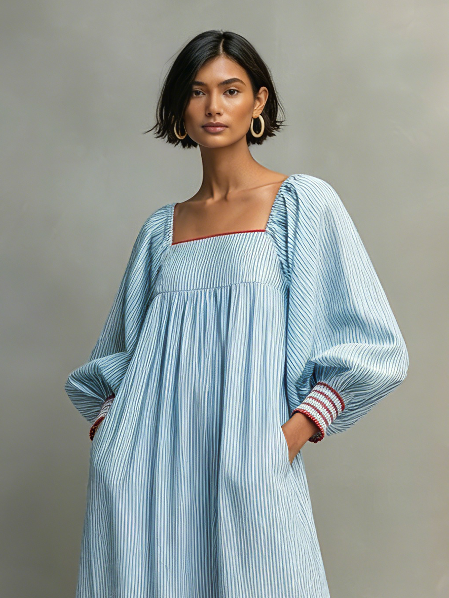 Women's Two-way Wear Design Minimalist Striped Mini Dress Featuring Red-trimmed Lantern Sleeves MDZ3068F5WY