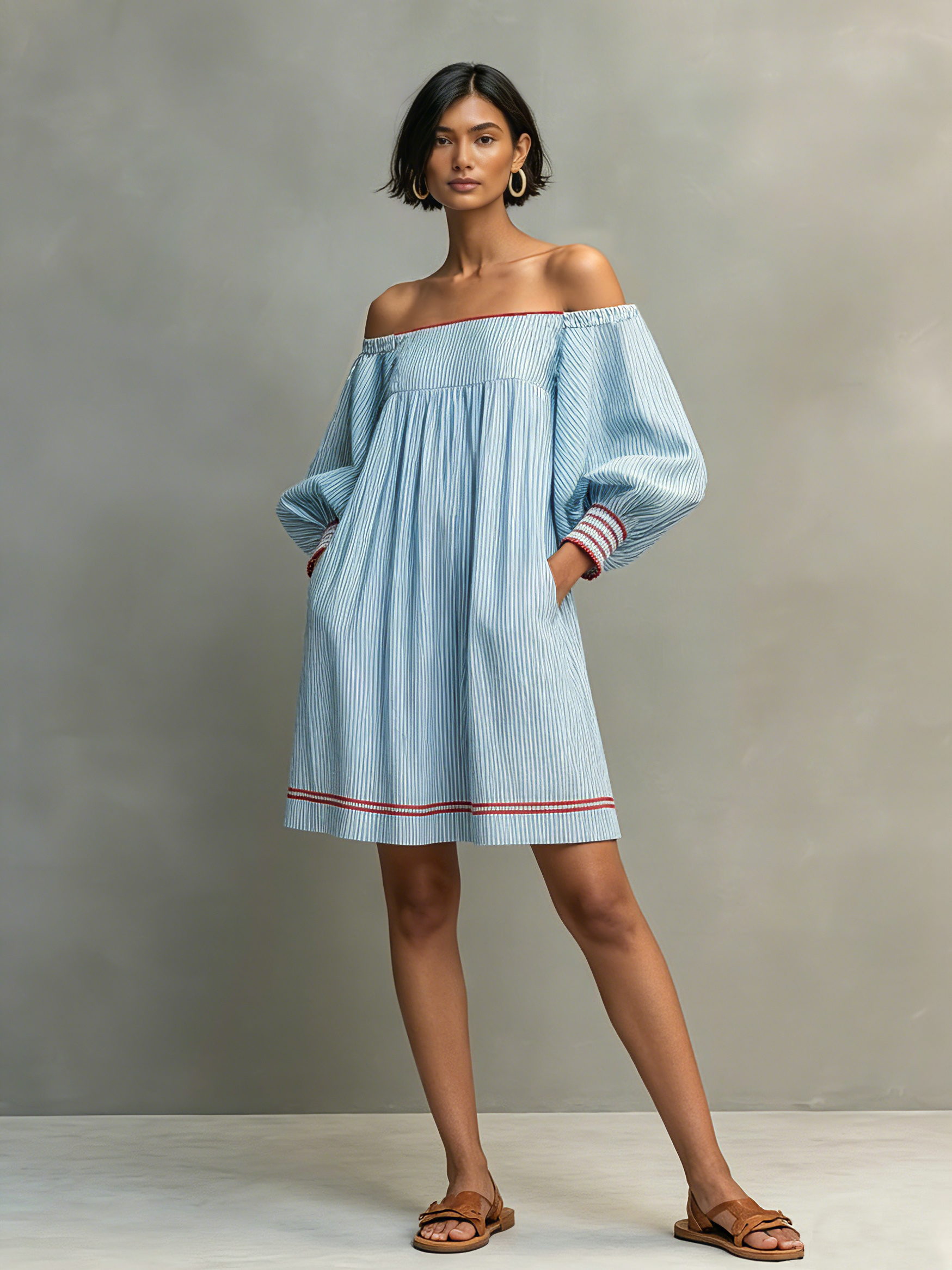 Women's Two-way Wear Design Minimalist Striped Mini Dress Featuring Red-trimmed Lantern Sleeves MDZ3068F5WY