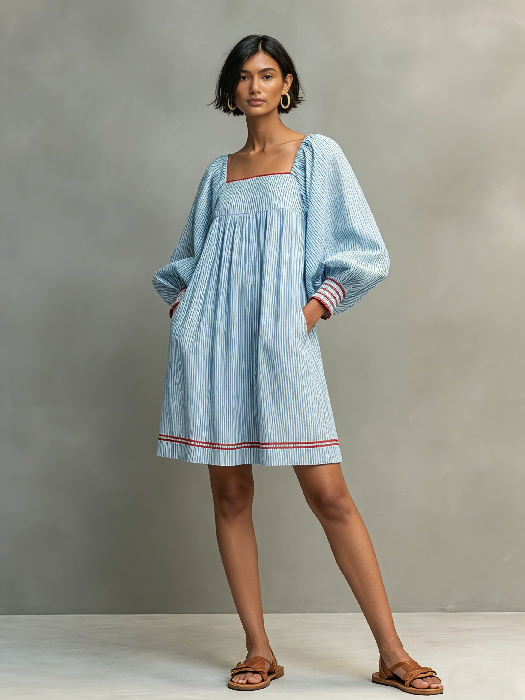 Women's Two-way Wear Design Minimalist Striped Mini Dress Featuring Red-trimmed Lantern Sleeves MDZ3068F5WY