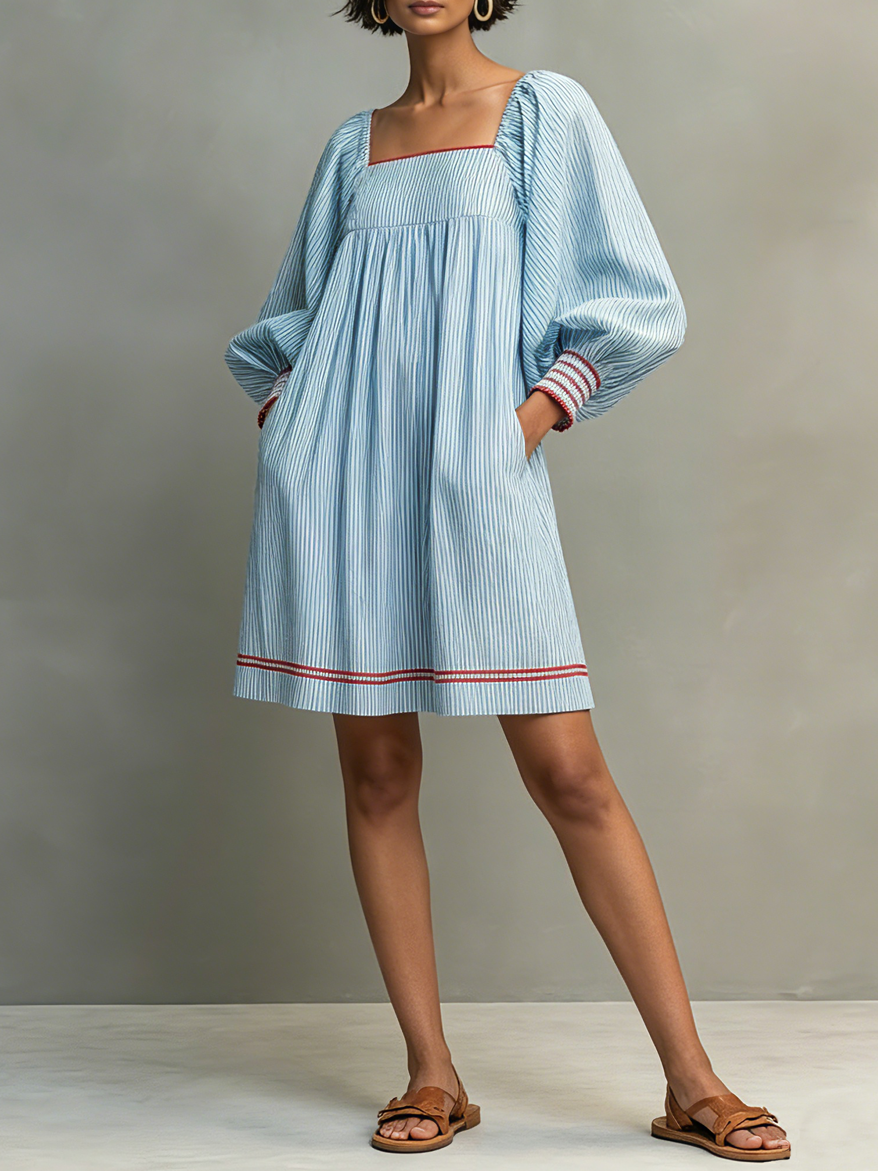 Women's Two-way Wear Design Minimalist Striped Mini Dress Featuring Red-trimmed Lantern Sleeves MDZ3068F5WY