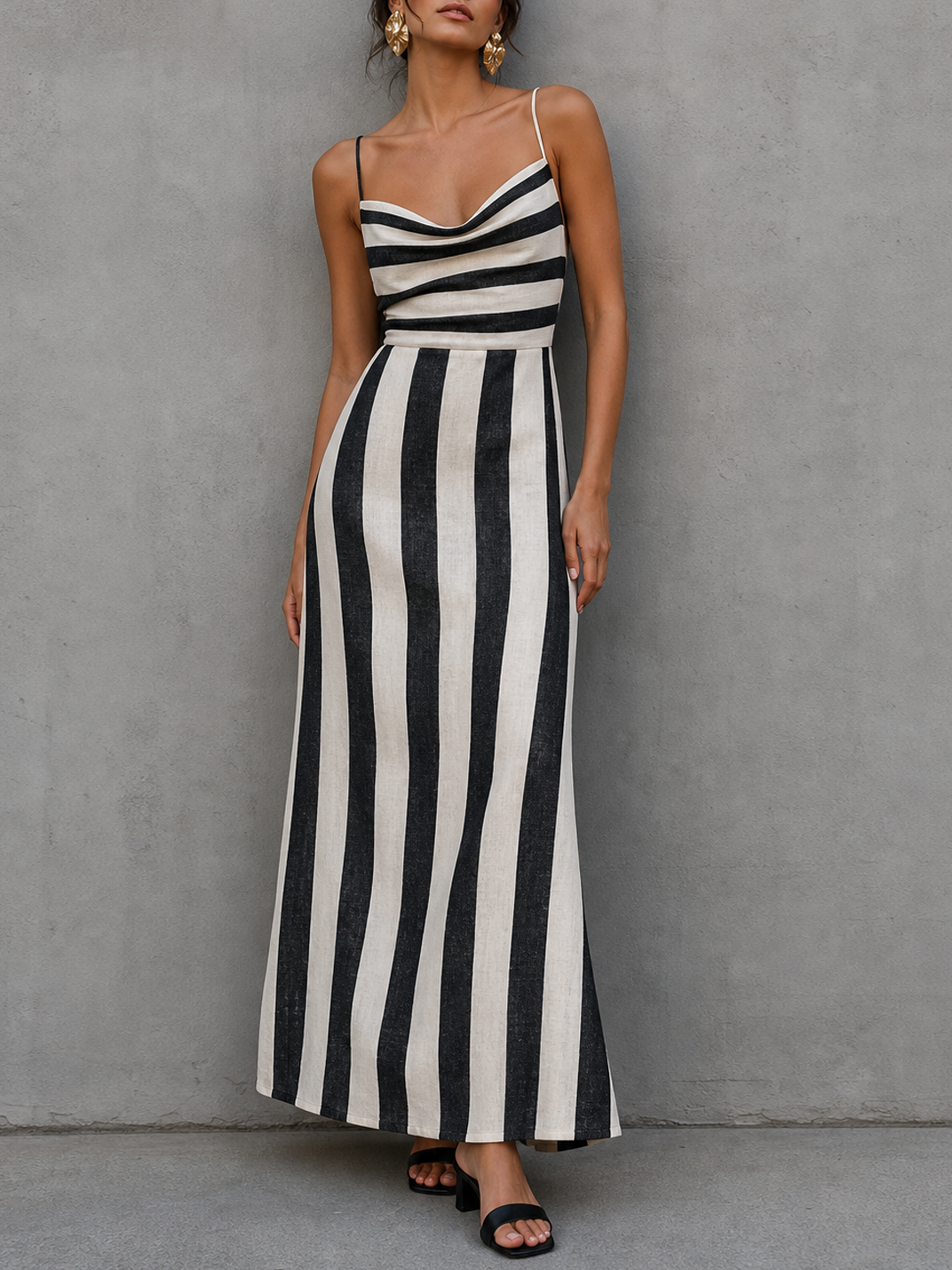 Women's Minimalist Striped Print Spaghetti Strap Cowl Neck Maxi Dress MDZ3099F8WY