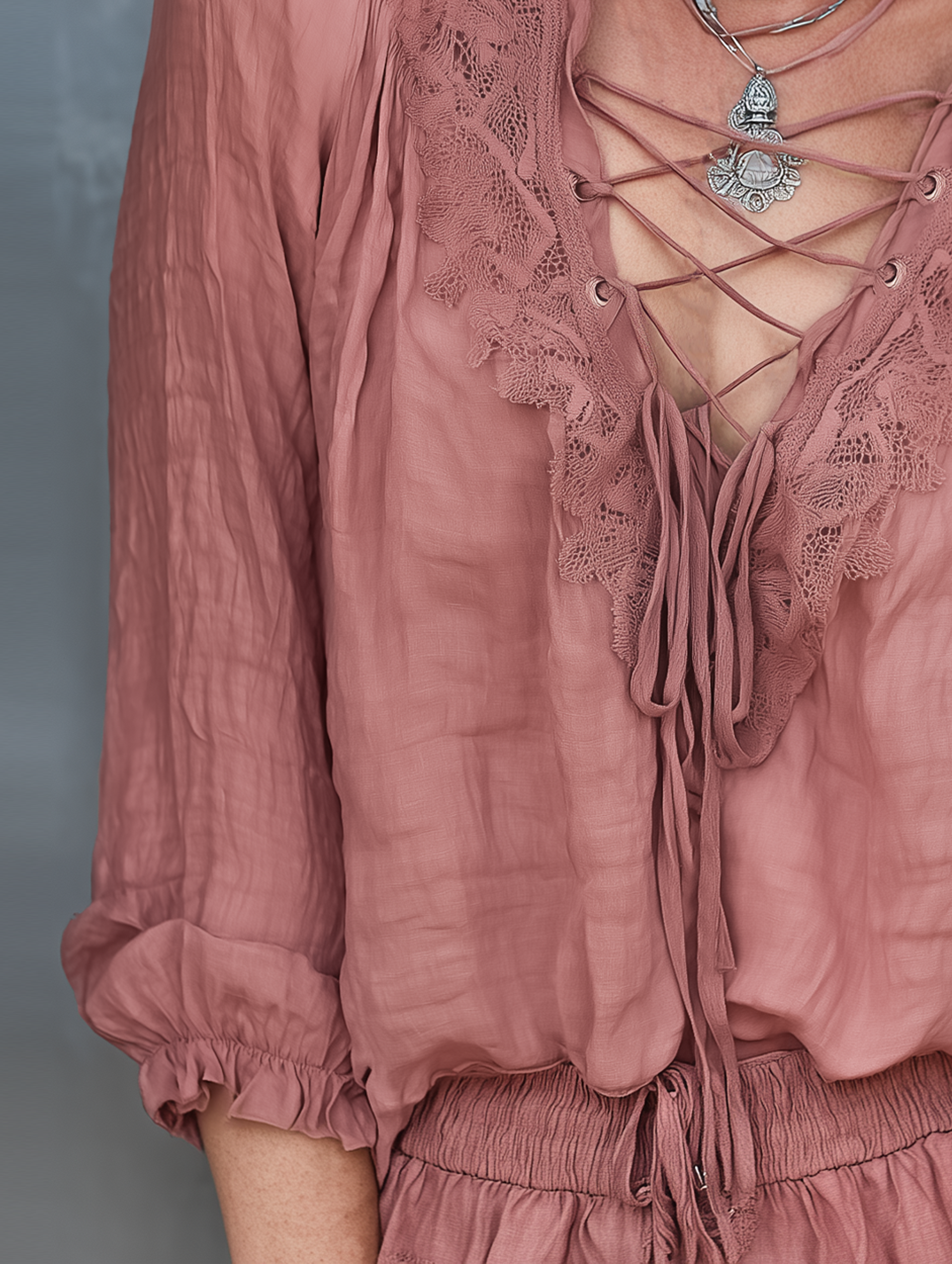 Women's Minimalist Linen-blend Long-sleeve Blouse With Lace-up Neckline
