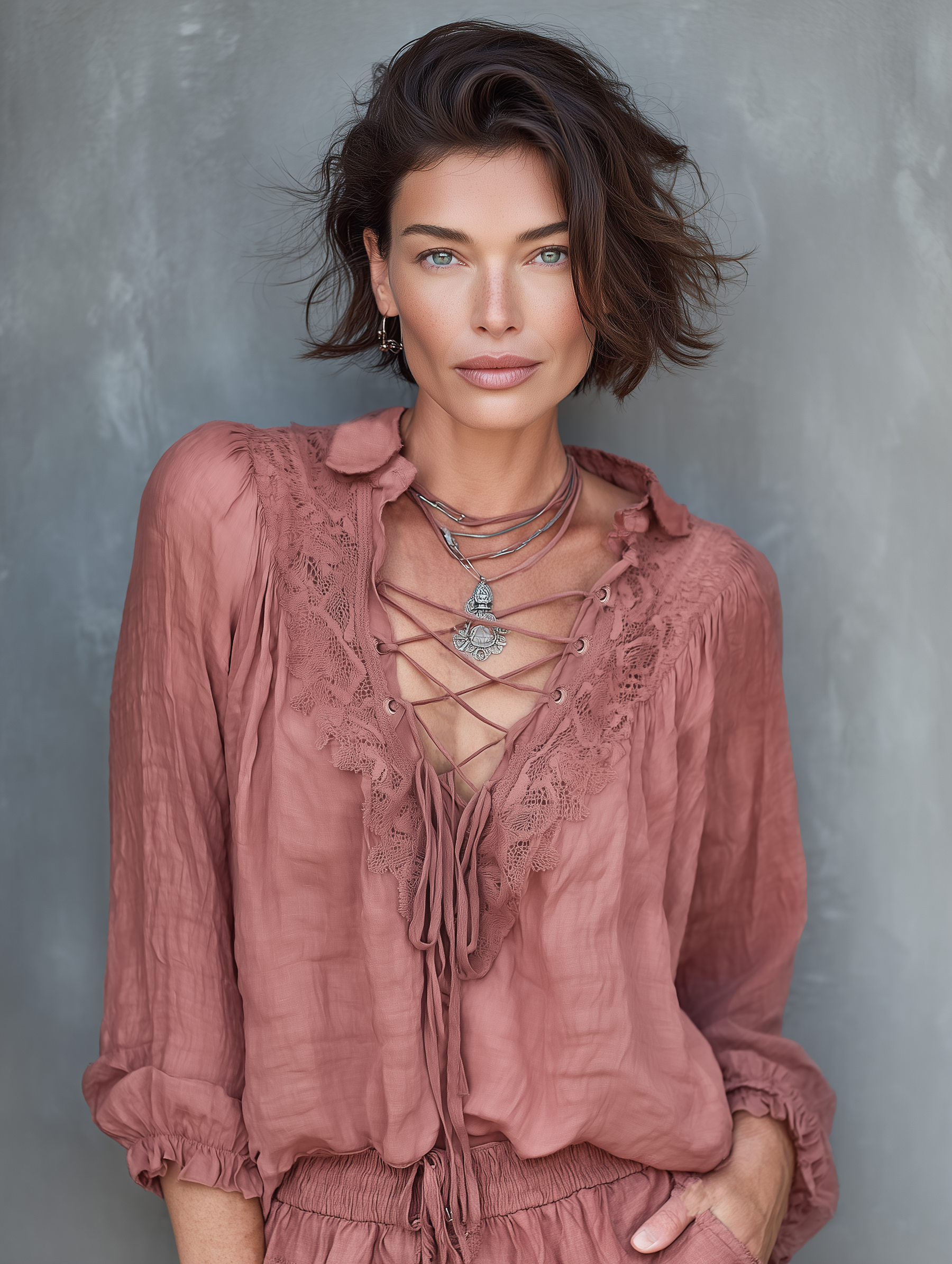 Women's Minimalist Linen-blend Long-sleeve Blouse With Lace-up Neckline