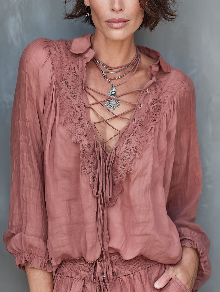 Women's Minimalist Linen-blend Long-sleeve Blouse With Lace-up Neckline