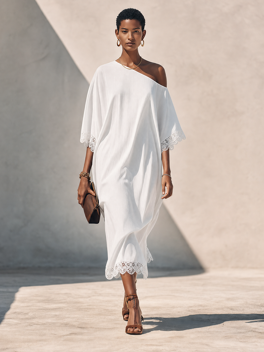 Women's Pure White Linen Asymmetric Off-Shoulder Midi Dress With Lace Trim MDZ0378G2ZRK