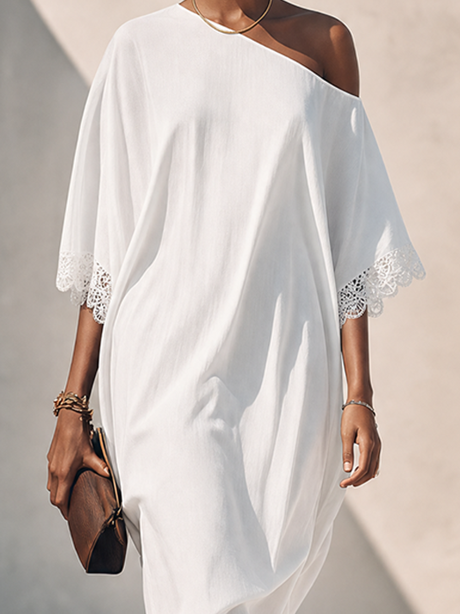 Women's Pure White Linen Asymmetric Off-Shoulder Midi Dress With Lace Trim MDZ0378G2ZRK