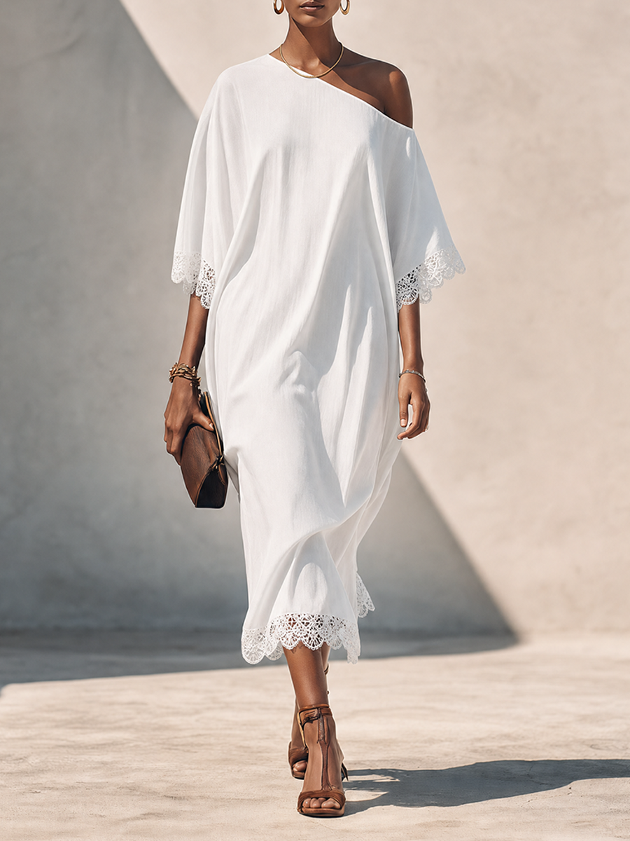 Women's Pure White Linen Asymmetric Off-Shoulder Midi Dress With Lace Trim MDZ0378G2ZRK