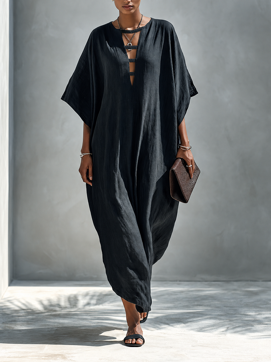 Women's Solid Black Linen Maxi Dress With Deep V-Neck And Slit MDZ0315G8ZRK
