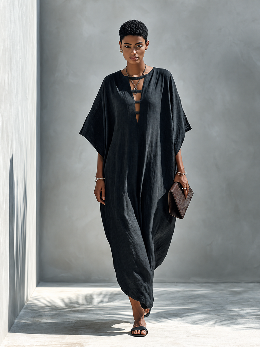 Women's Solid Black Linen Maxi Dress With Deep V-Neck And Slit MDZ0315G8ZRK