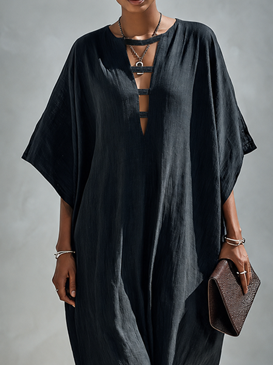 Women's Solid Black Linen Maxi Dress With Deep V-Neck And Slit MDZ0315G8ZRK