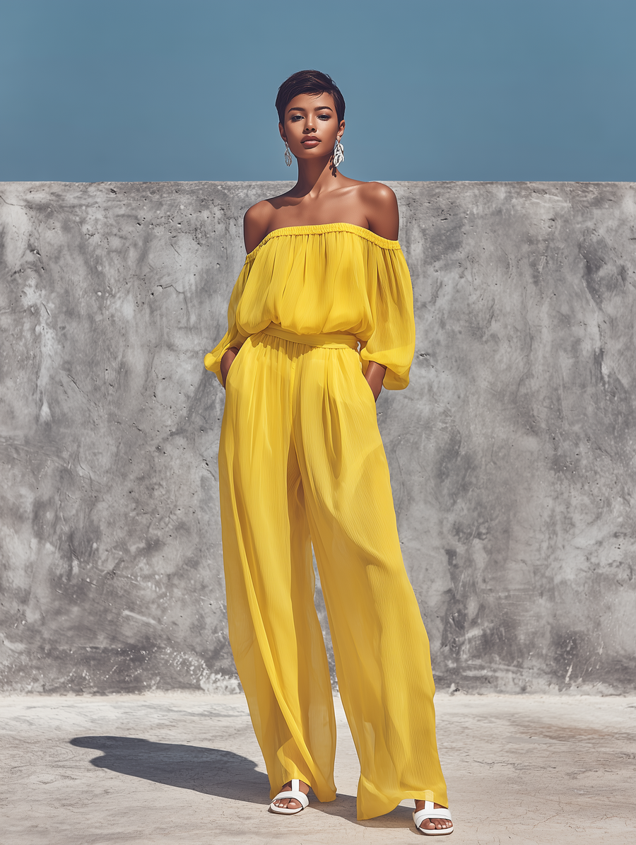 Women’s Bright Yellow Crinkled Chiffon Off Shoulder Bubble Three Quarter Sleeve Self Tie Waist Wide Leg Pants Two Piece Vacation Set MDZ0683G6YZJ