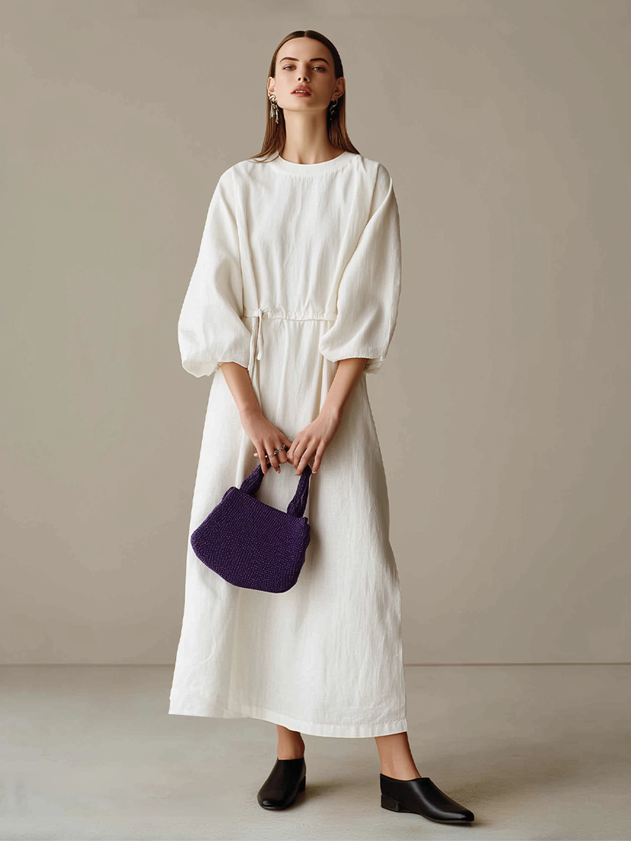 Women's Cream Textured Cotton-Blend Maxi Gown With Drop Shoulder Lantern Sleeves & Self Tie Waist Detail, Modern Effortless-Chic Everyday Maxi Dress