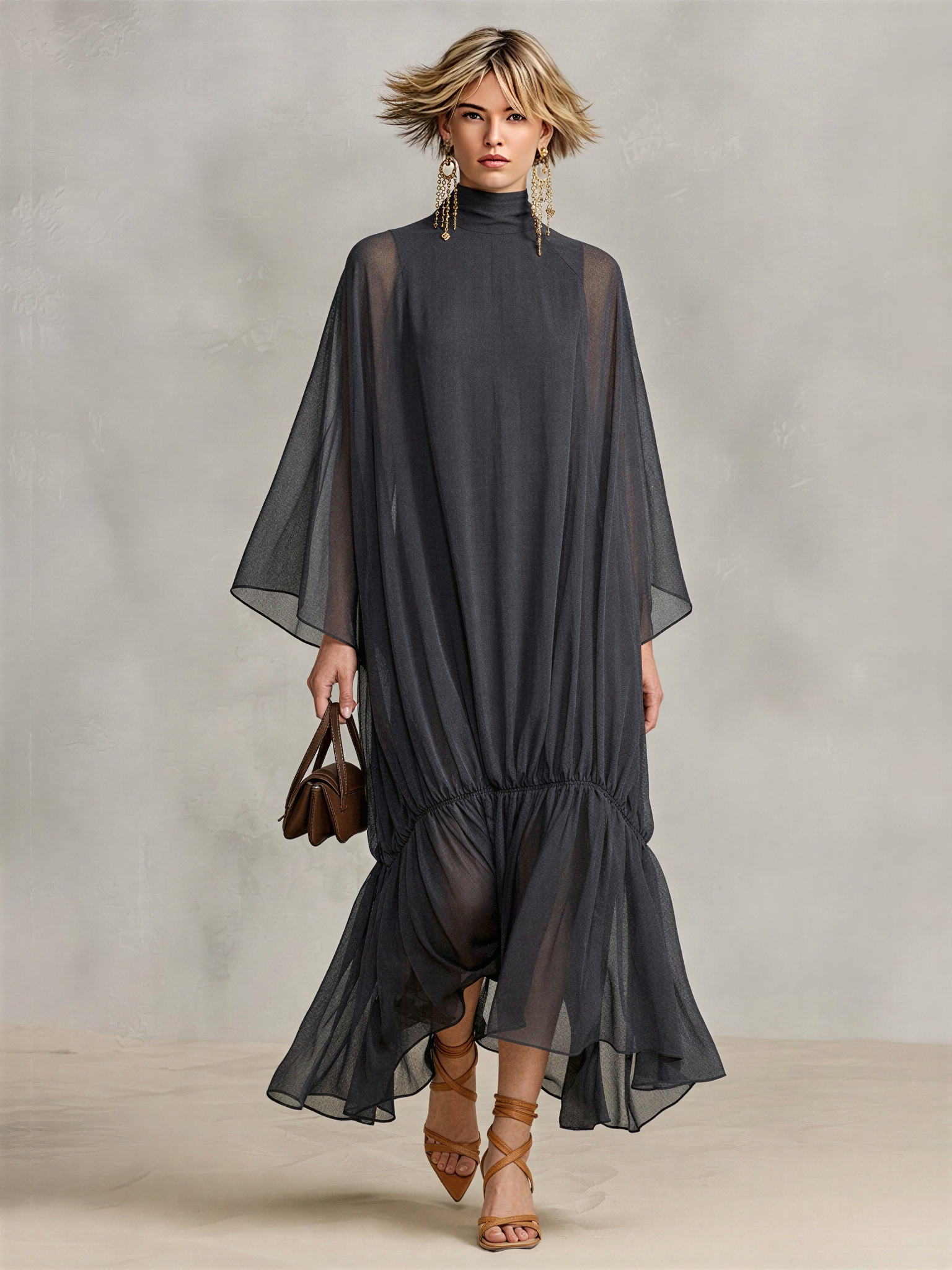 Women's Dark Gray Sheer Chiffon Maxi Dress With Turtleneck Cape Batwing Sleeves & Ruched Ruffle Hem, Minimalist Elegant Oversized Flowy Maxi Dress