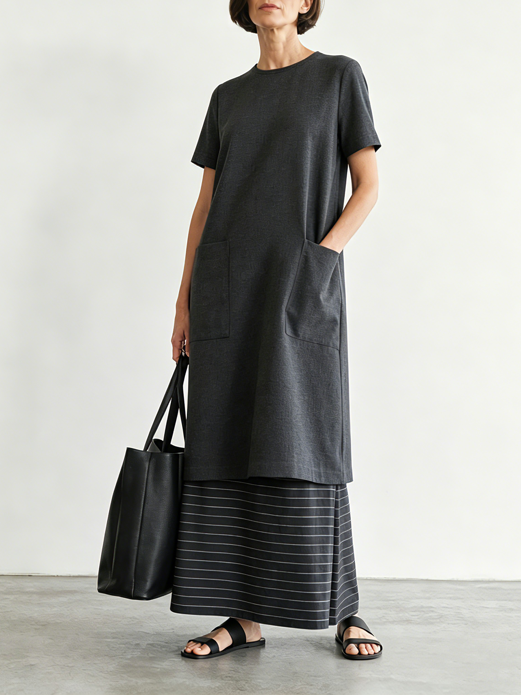 Women's Minimalist Color-Block Striped Short-Sleeve Maxi Dress