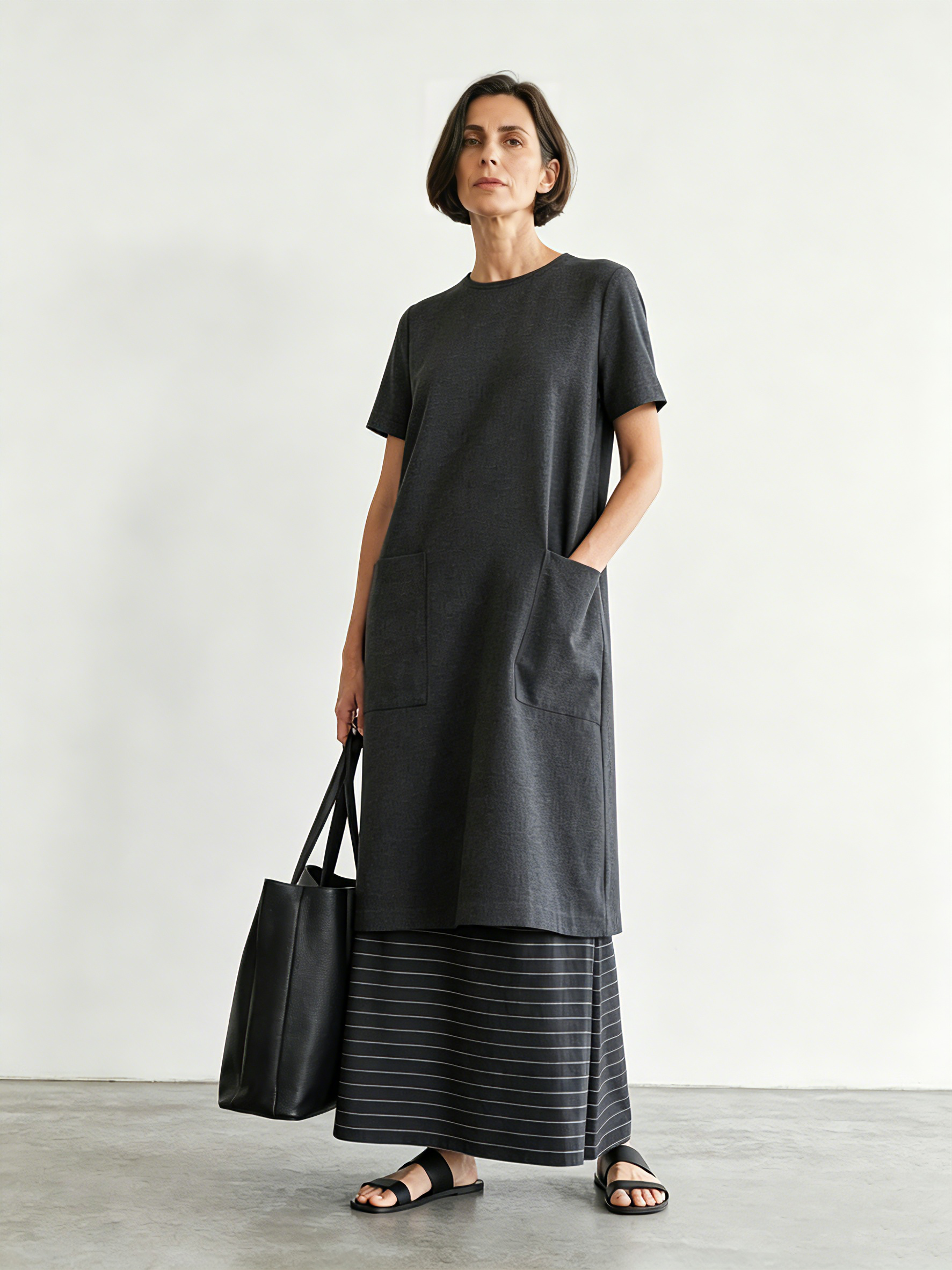 Women's Minimalist Color-Block Striped Short-Sleeve Maxi Dress
