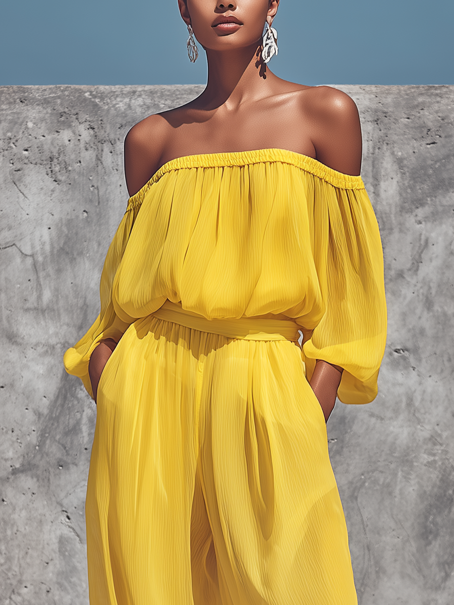 Women’s Bright Yellow Crinkled Chiffon Off Shoulder Bubble Three Quarter Sleeve Self Tie Waist Wide Leg Pants Two Piece Vacation Set MDZ0683G6YZJ