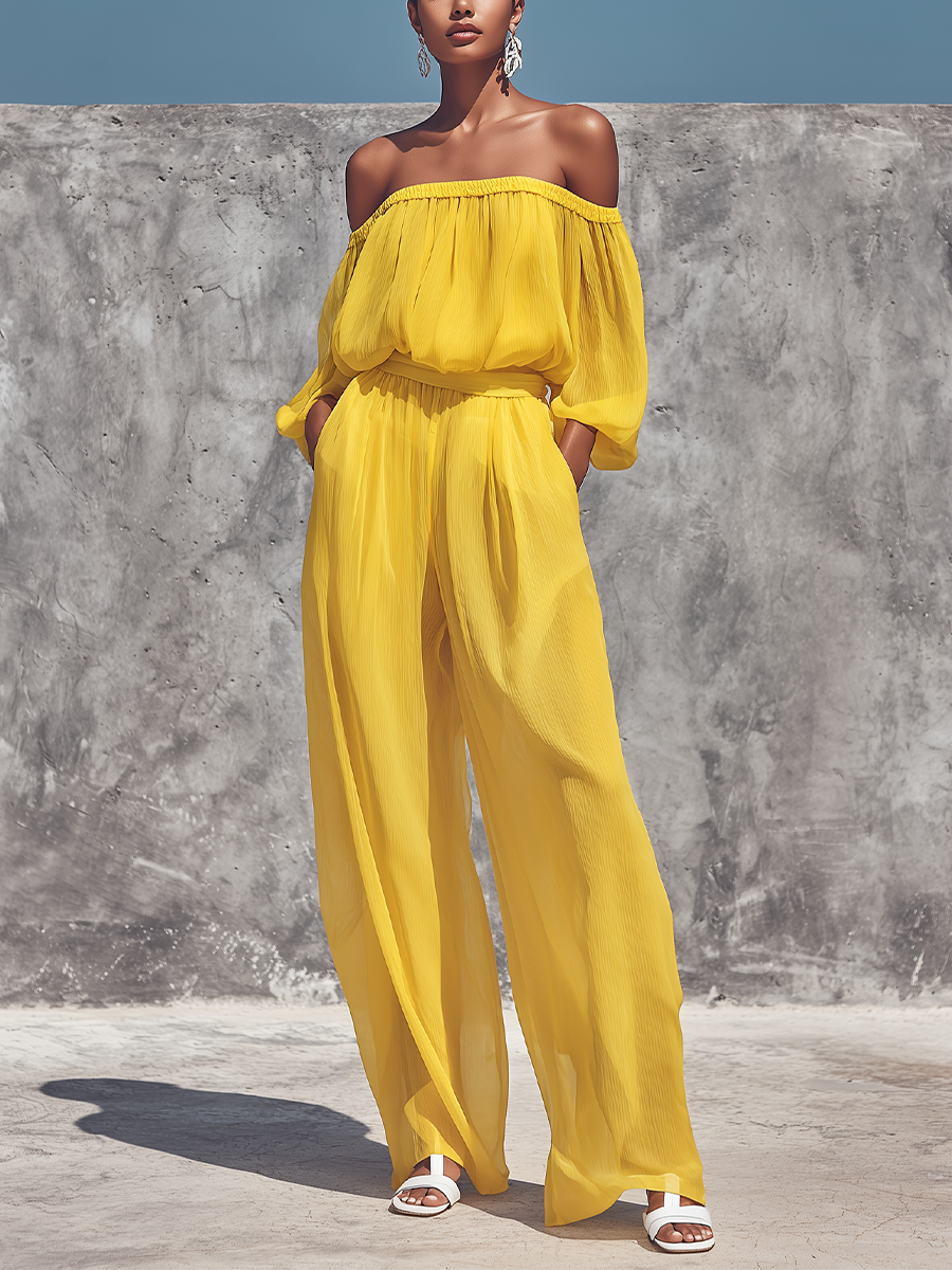 Women’s Bright Yellow Crinkled Chiffon Off Shoulder Bubble Three Quarter Sleeve Self Tie Waist Wide Leg Pants Two Piece Vacation Set MDZ0683G6YZJ