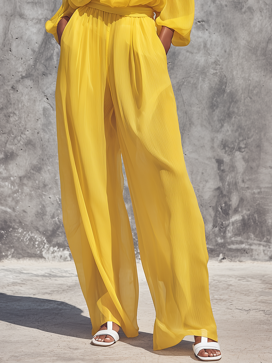 Women’s Bright Yellow Crinkled Chiffon Off Shoulder Bubble Three Quarter Sleeve Self Tie Waist Wide Leg Pants Two Piece Vacation Set MDZ0683G6YZJ