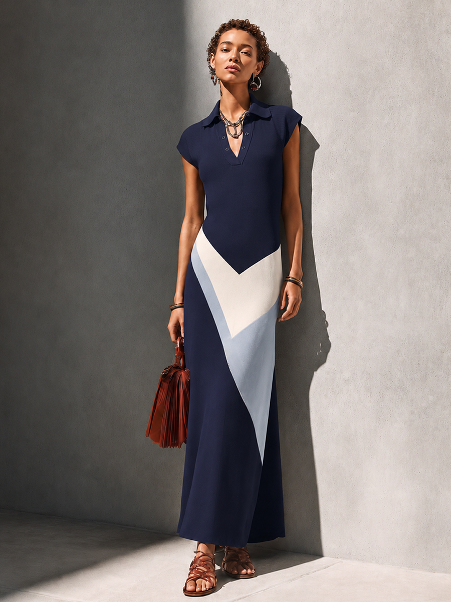 Women’s Minimalist Commuter Navy Blue Cotton Blend Polo Collar Short-Sleeved V-Neck Color-Blocked Long Knit Dress MDZ0697G4GMJ