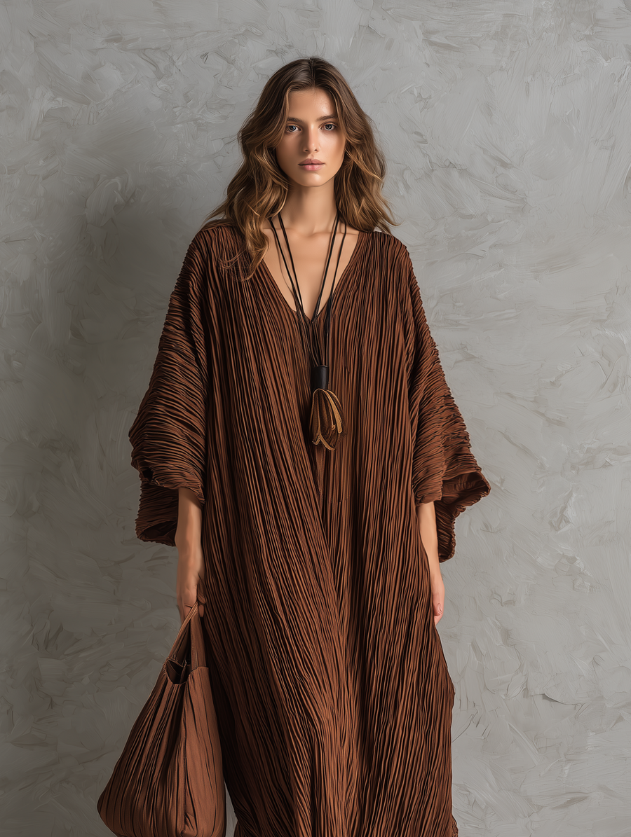 Women's Casual Brown Woven Pleated V-Neck Batwing-Sleeve Loose Maxi Dress