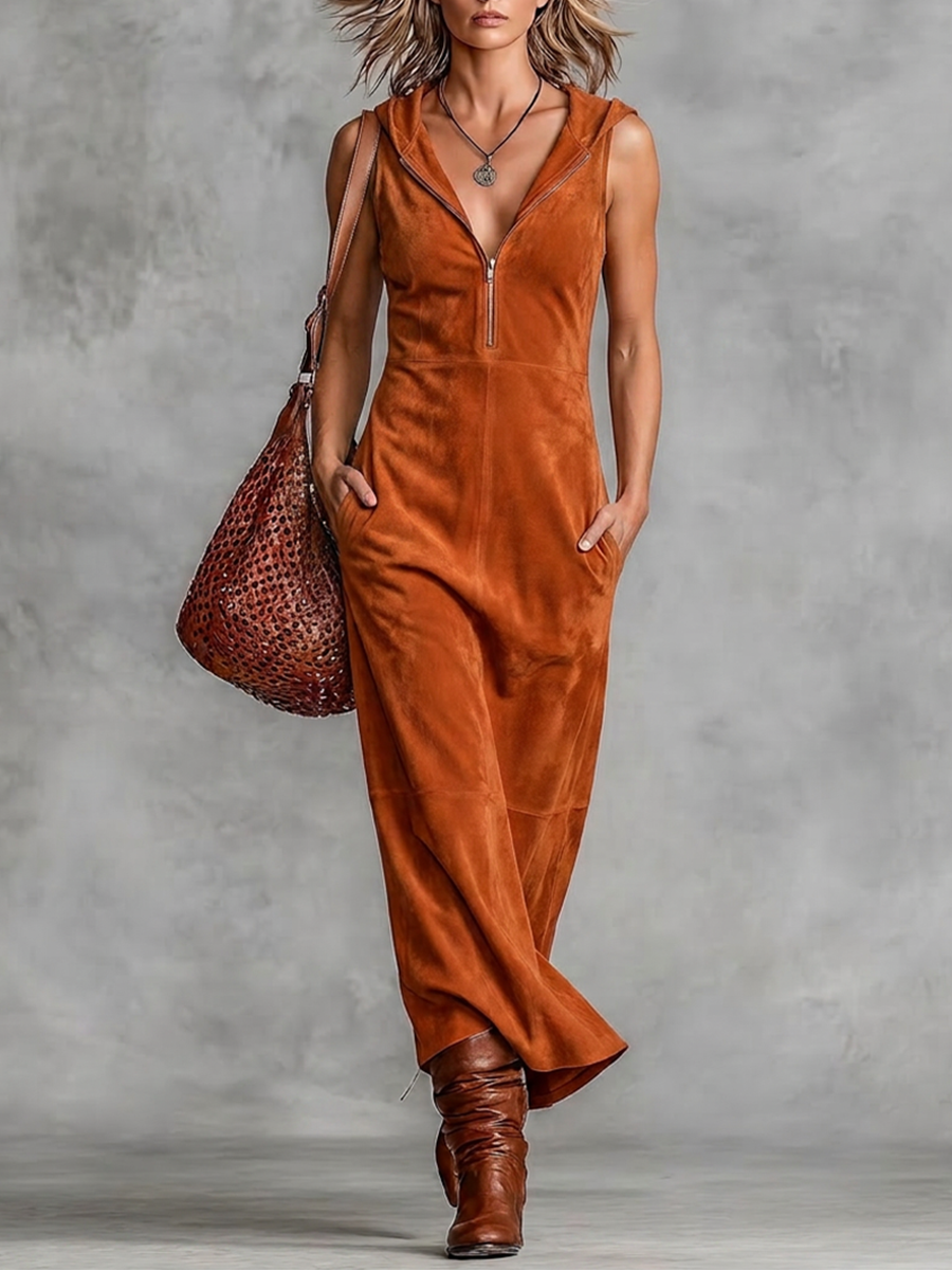 Women's Rust Brown Faux Suede Texture Maxi Gown With V-Neck Zipper Placket & Mid Length Swing Skirt, Retro Chic Daily Slee Veless Maxi Dress MDZ0769G0LYL
