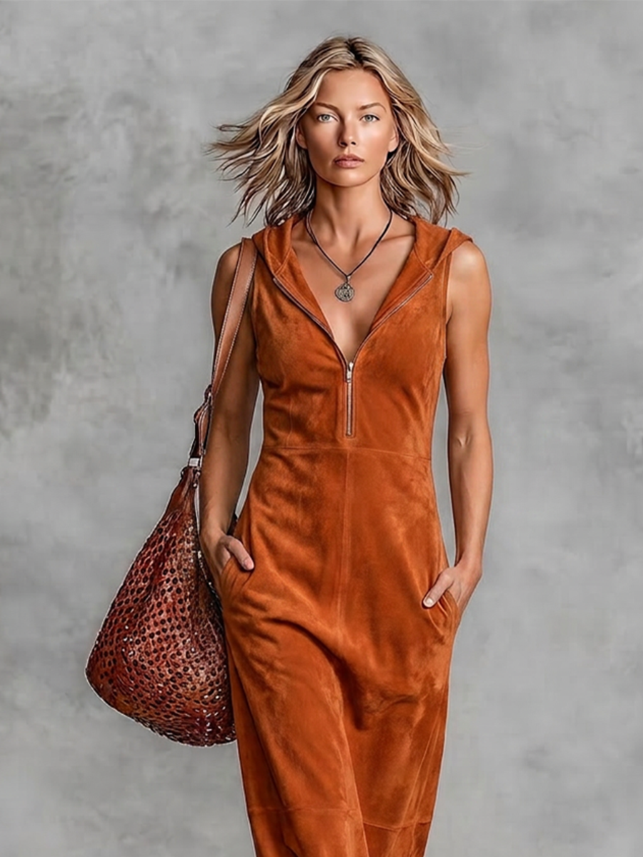 Women's Rust Brown Faux Suede Texture Maxi Gown With V-Neck Zipper Placket & Mid Length Swing Skirt, Retro Chic Daily Slee Veless Maxi Dress MDZ0769G0LYL