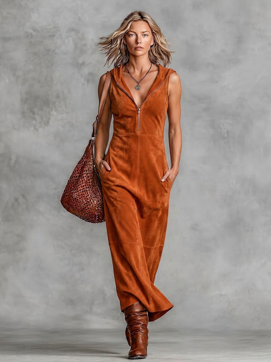 Women's Rust Brown Faux Suede Texture Maxi Gown With V-Neck Zipper Placket & Mid Length Swing Skirt, Retro Chic Daily Slee Veless Maxi Dress MDZ0769G0LYL