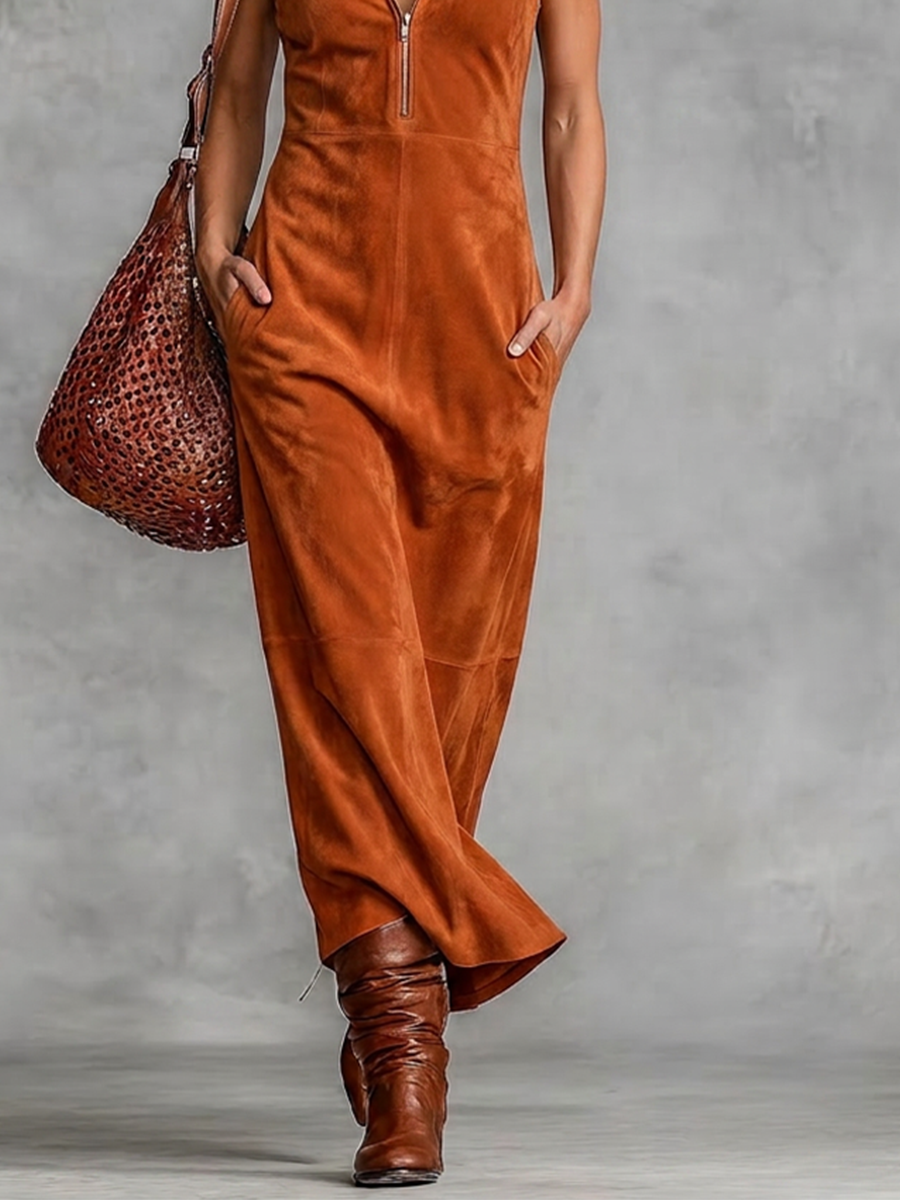 Women's Rust Brown Faux Suede Texture Maxi Gown With V-Neck Zipper Placket & Mid Length Swing Skirt, Retro Chic Daily Slee Veless Maxi Dress MDZ0769G0LYL