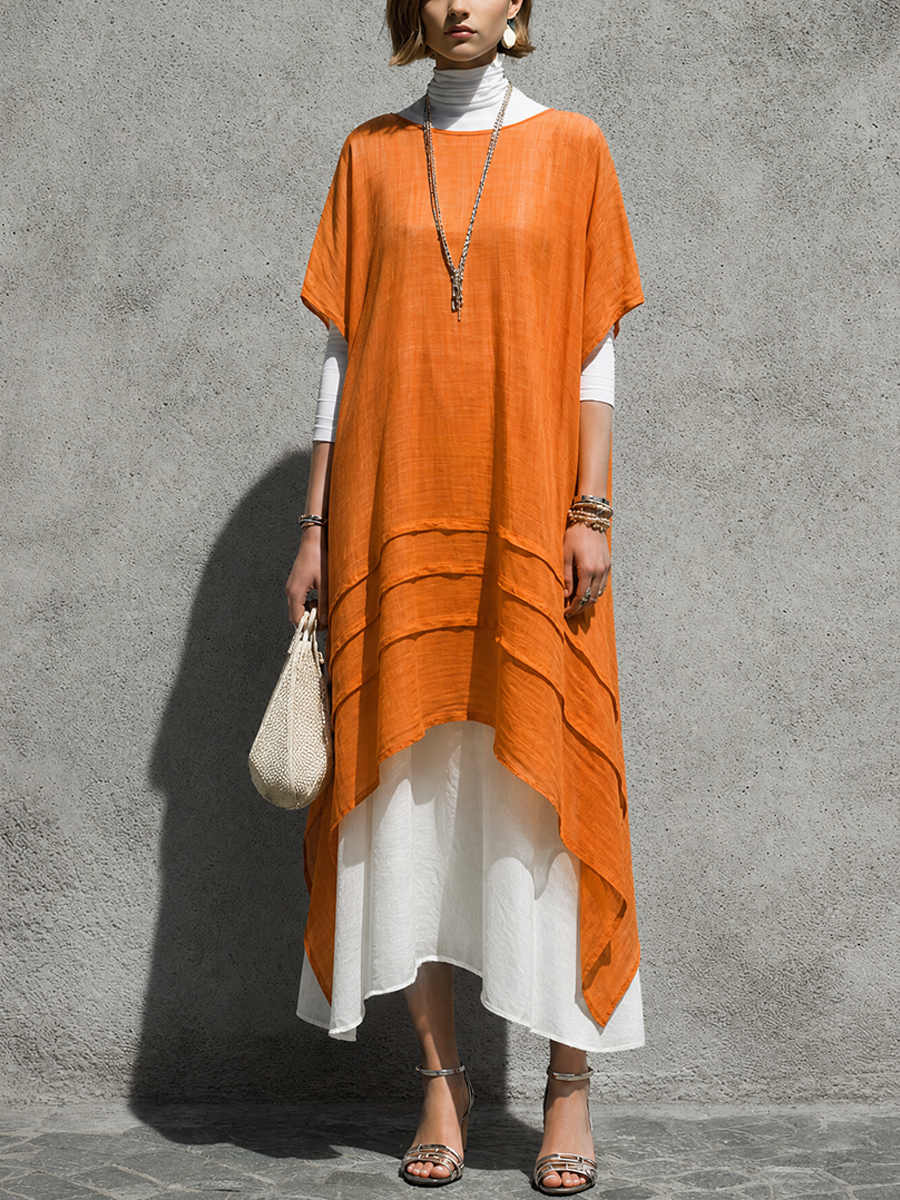 Women's Relaxed Vacation Style Bright Orange Cotton Linen Boat Neck Short Sleeve Layered Color-Blocked Irregular Hem Long Dress MDZ0793G1GMJ