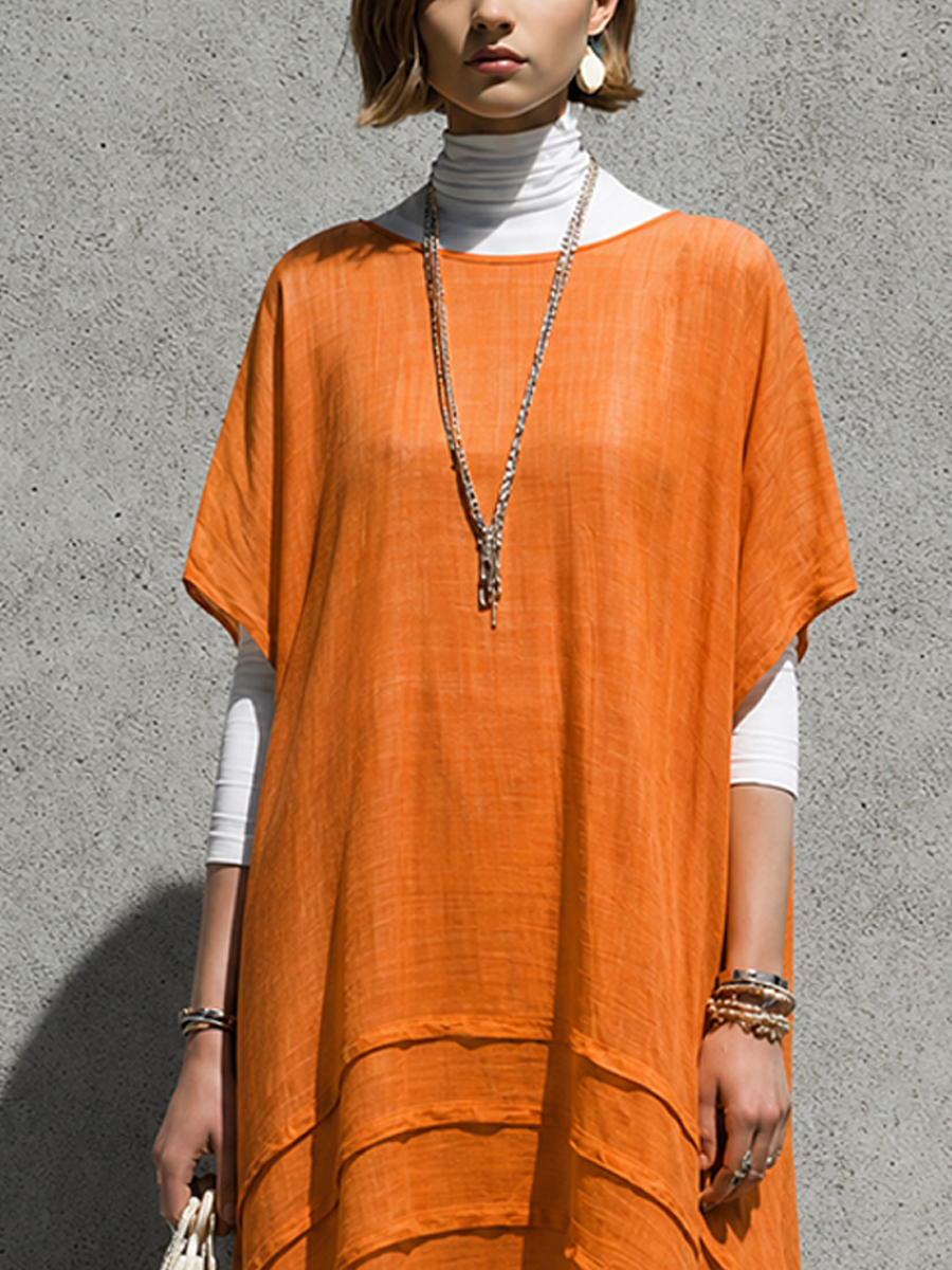 Women's Relaxed Vacation Style Bright Orange Cotton Linen Boat Neck Short Sleeve Layered Color-Blocked Irregular Hem Long Dress MDZ0793G1GMJ