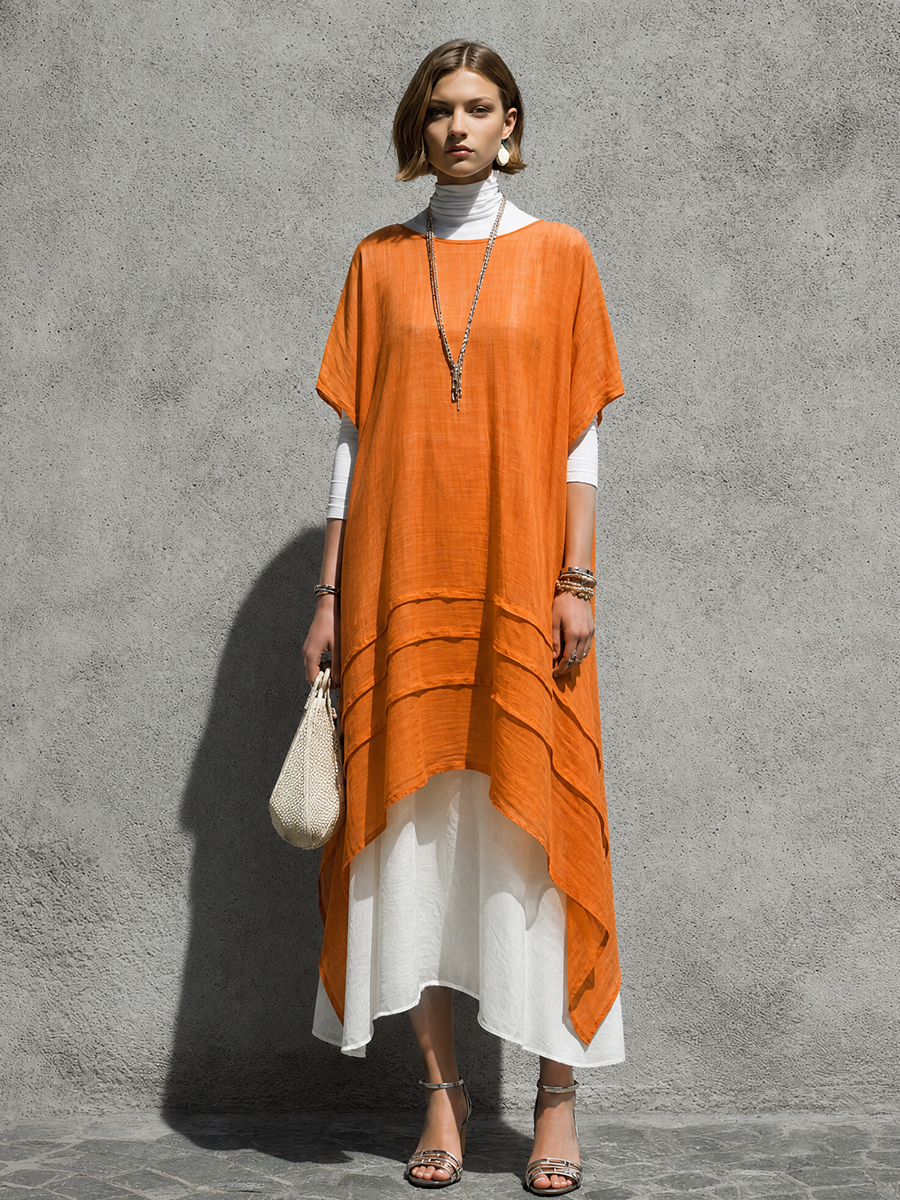 Women's Relaxed Vacation Style Bright Orange Cotton Linen Boat Neck Short Sleeve Layered Color-Blocked Irregular Hem Long Dress MDZ0793G1GMJ