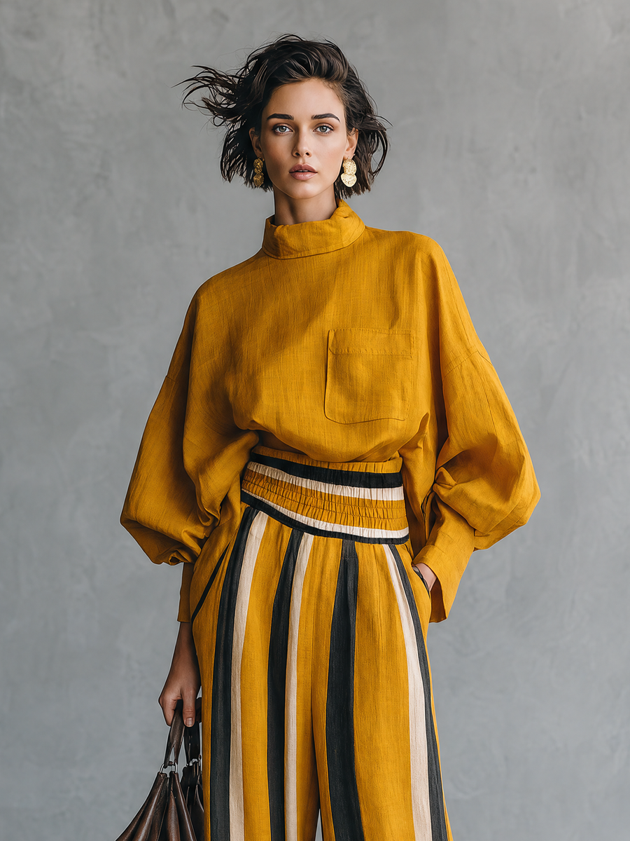 Women's Minimalist Linen-blend Mock-neck Lantern-sleeve Blouse