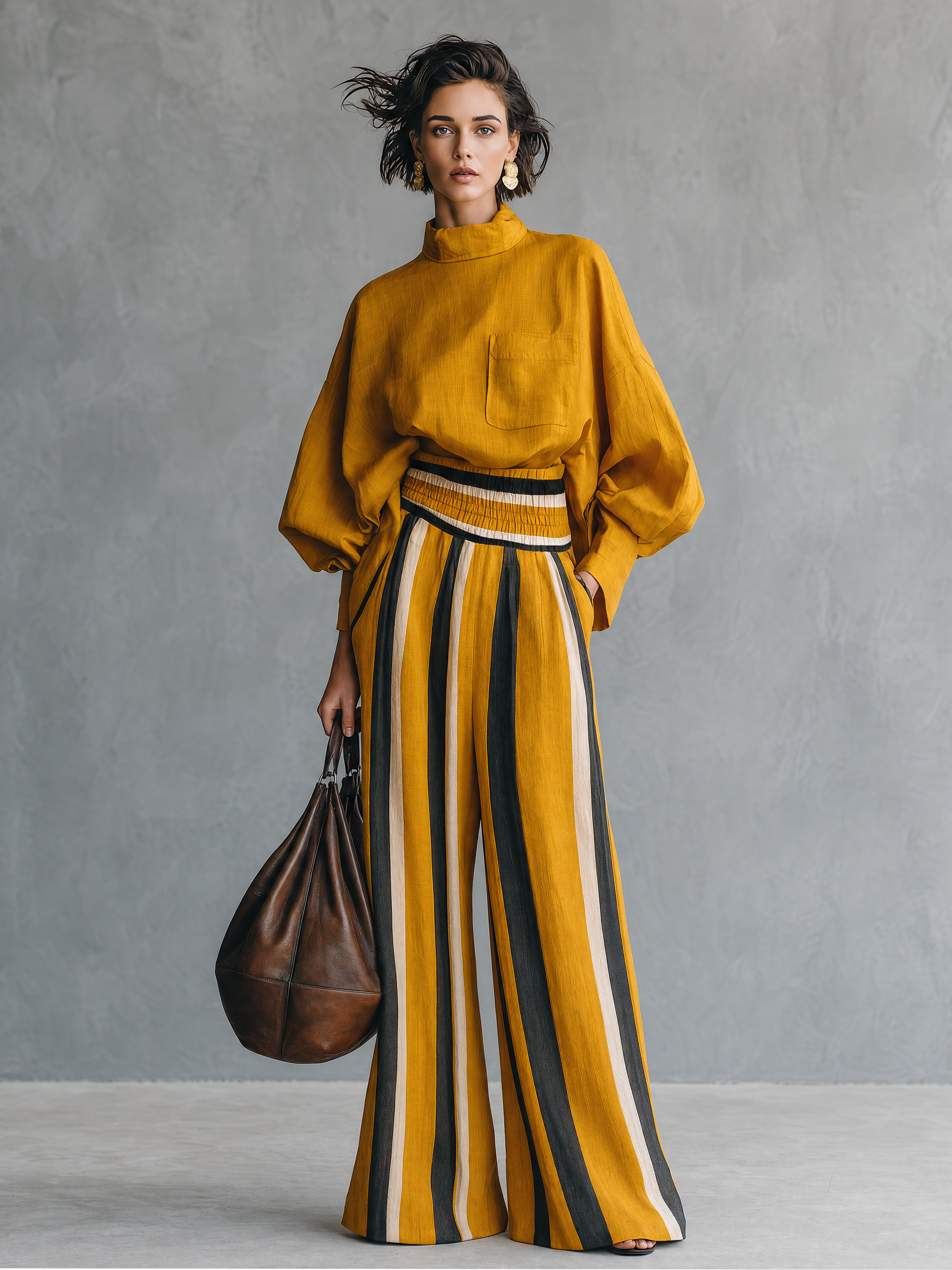 Women's Minimalist Linen-blend Mock-neck Lantern-sleeve Blouse