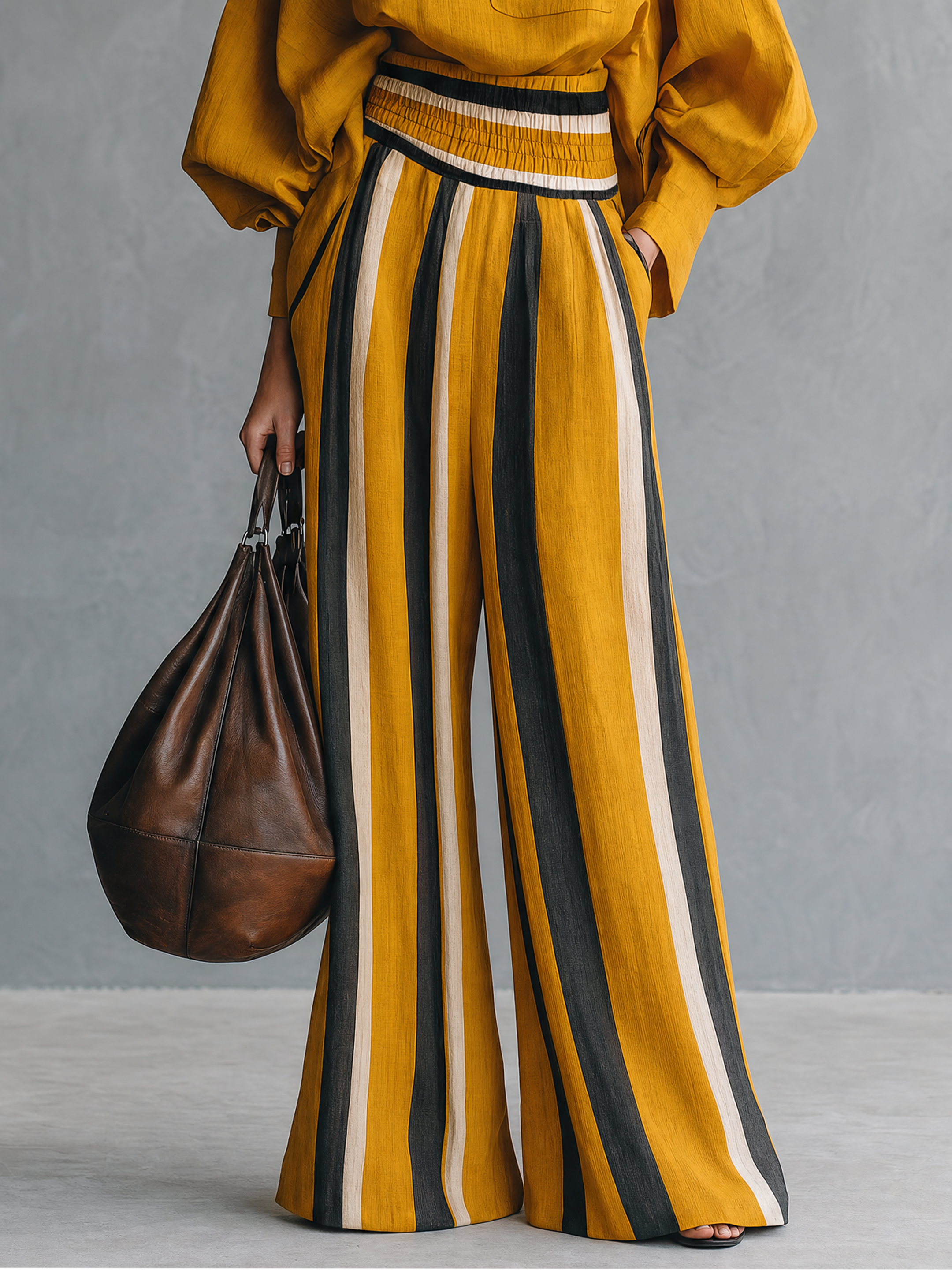 Women's Minimalist Striped Color-Block Print Wide-Leg Trousers MDZ0839G1WY